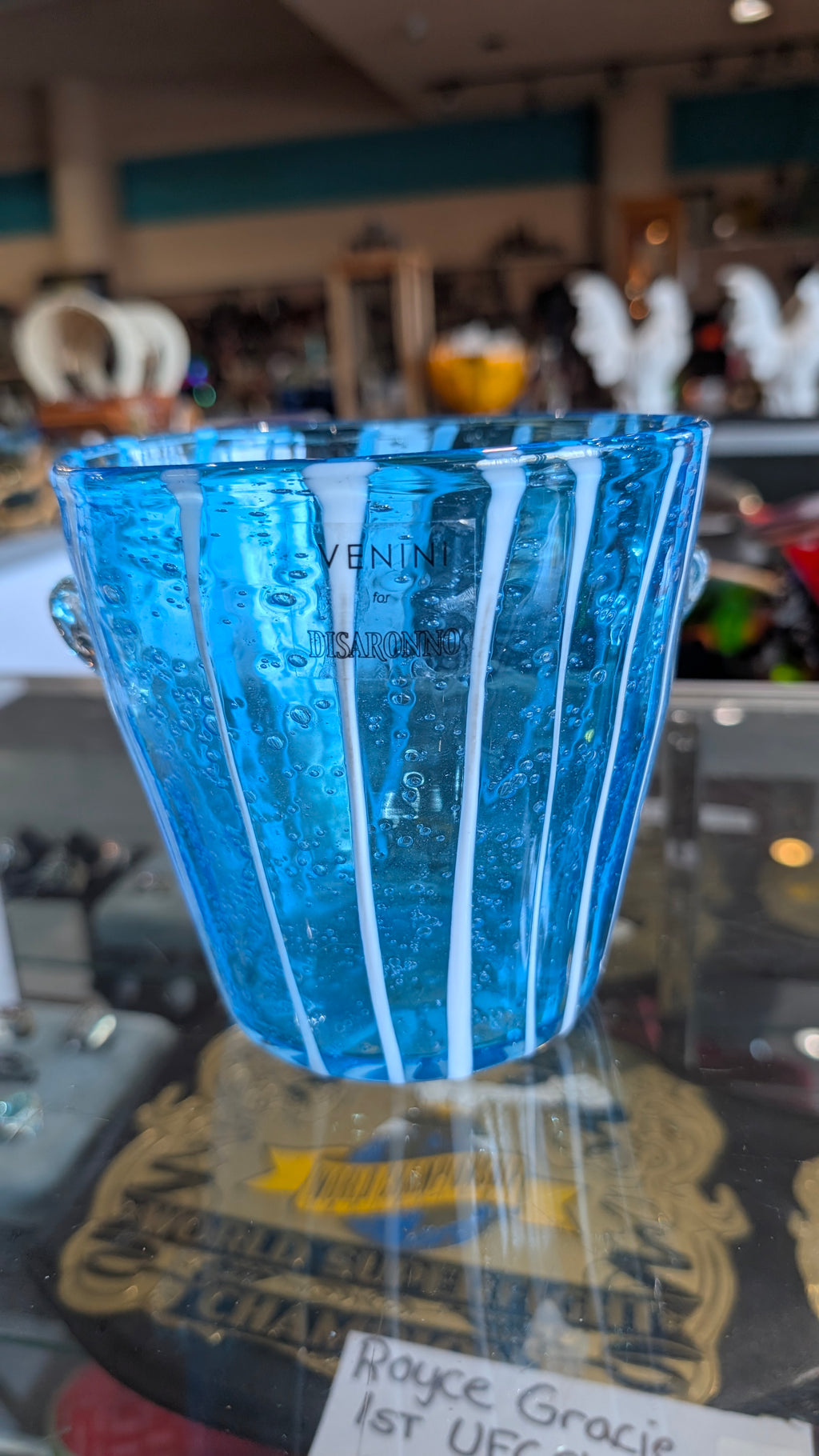 Venini Disaronno Murano Fine Venetian Handblown Art Glass Blue Ice Bucket Stripe