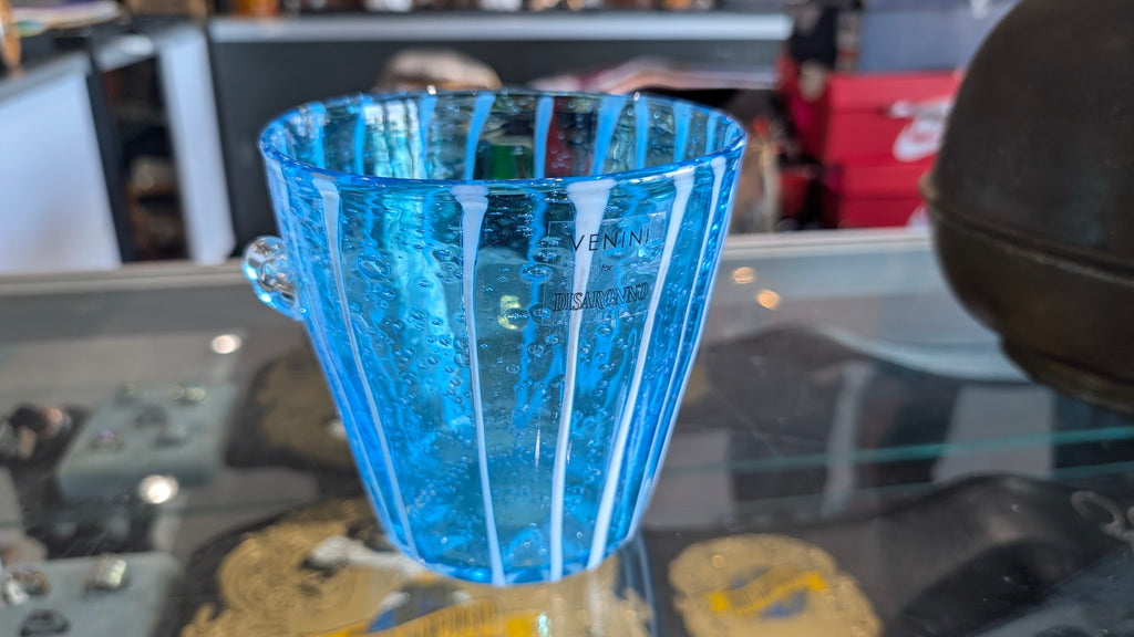 Venini Disaronno Murano Fine Venetian Handblown Art Glass Blue Ice Bucket Stripe