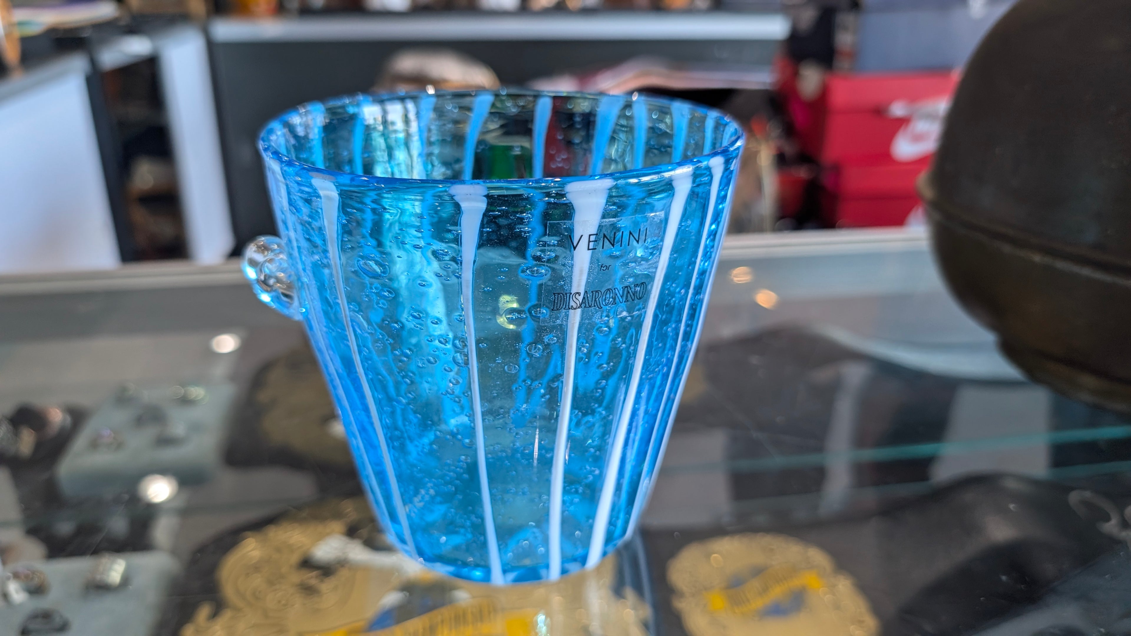 Venini Disaronno Murano Fine Venetian Handblown Art Glass Blue Ice Bucket Stripe