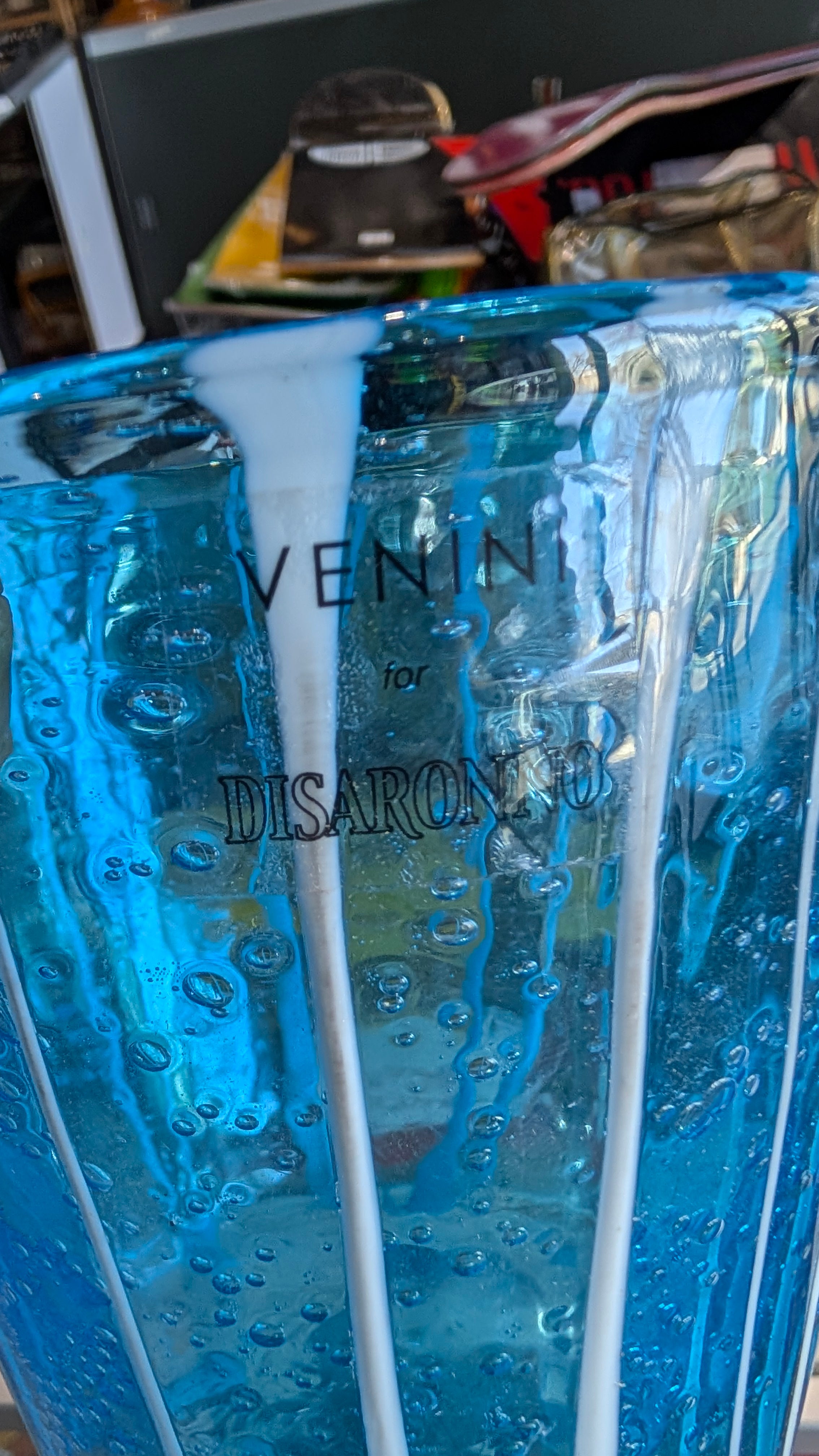 Venini Disaronno Murano Fine Venetian Handblown Art Glass Blue Ice Bucket Stripe