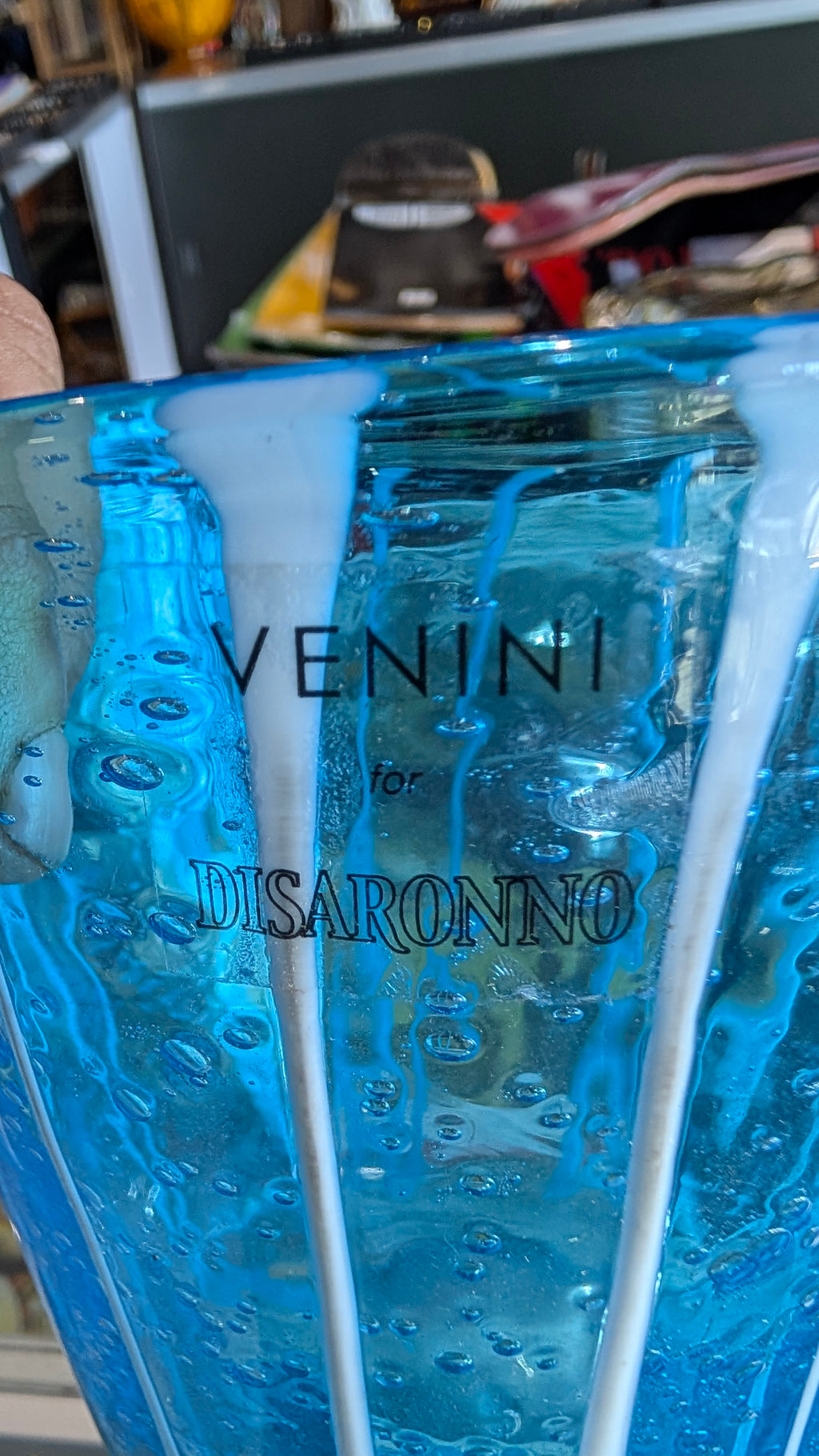 Venini Disaronno Murano Fine Venetian Handblown Art Glass Blue Ice Bucket Stripe