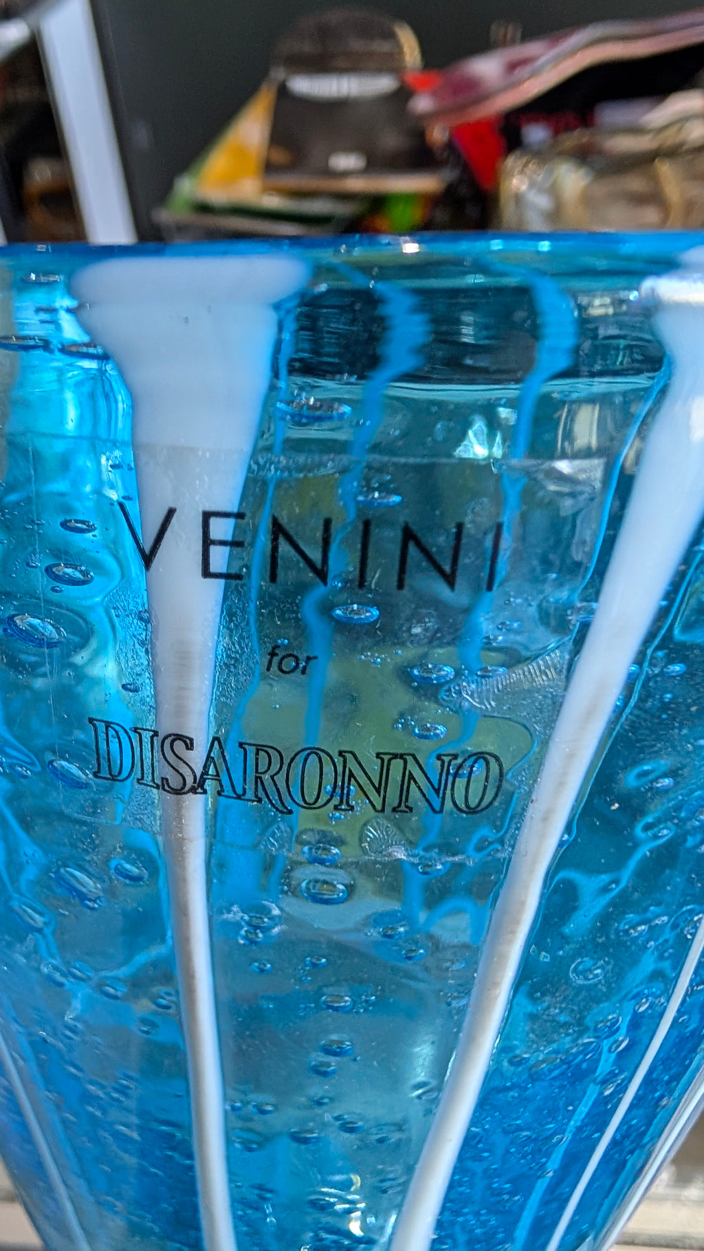 Venini Disaronno Murano Fine Venetian Handblown Art Glass Blue Ice Bucket Stripe