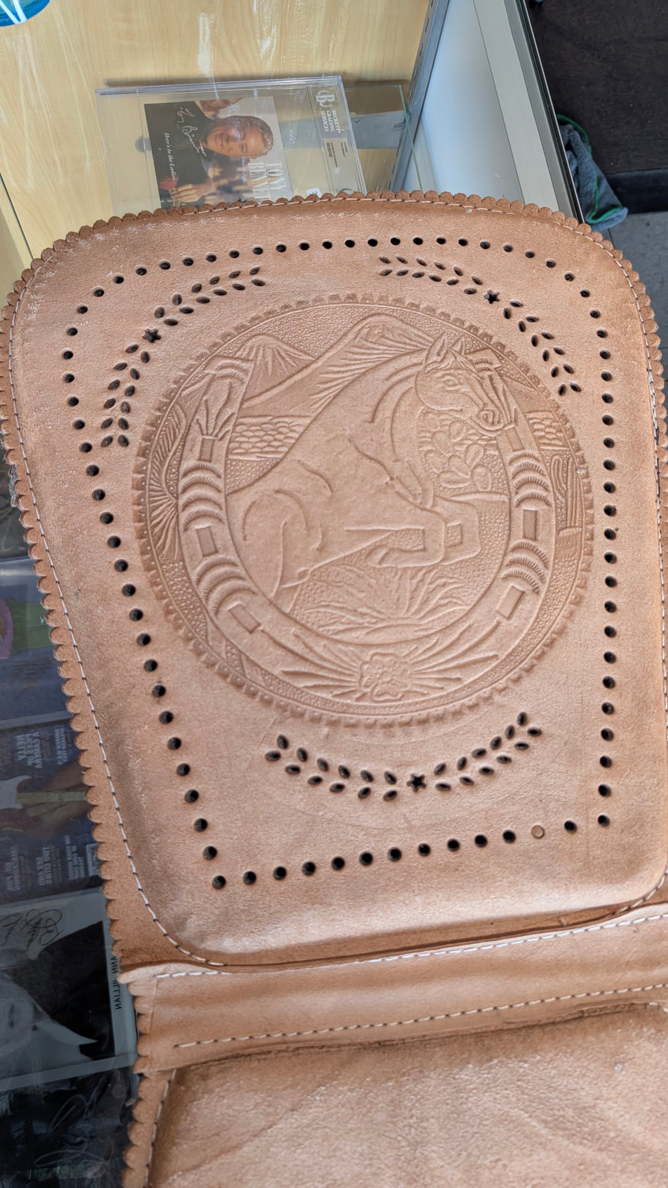 Vintage Hand Tooled Leather Western Saddle Seat Cover Horse Design Decor