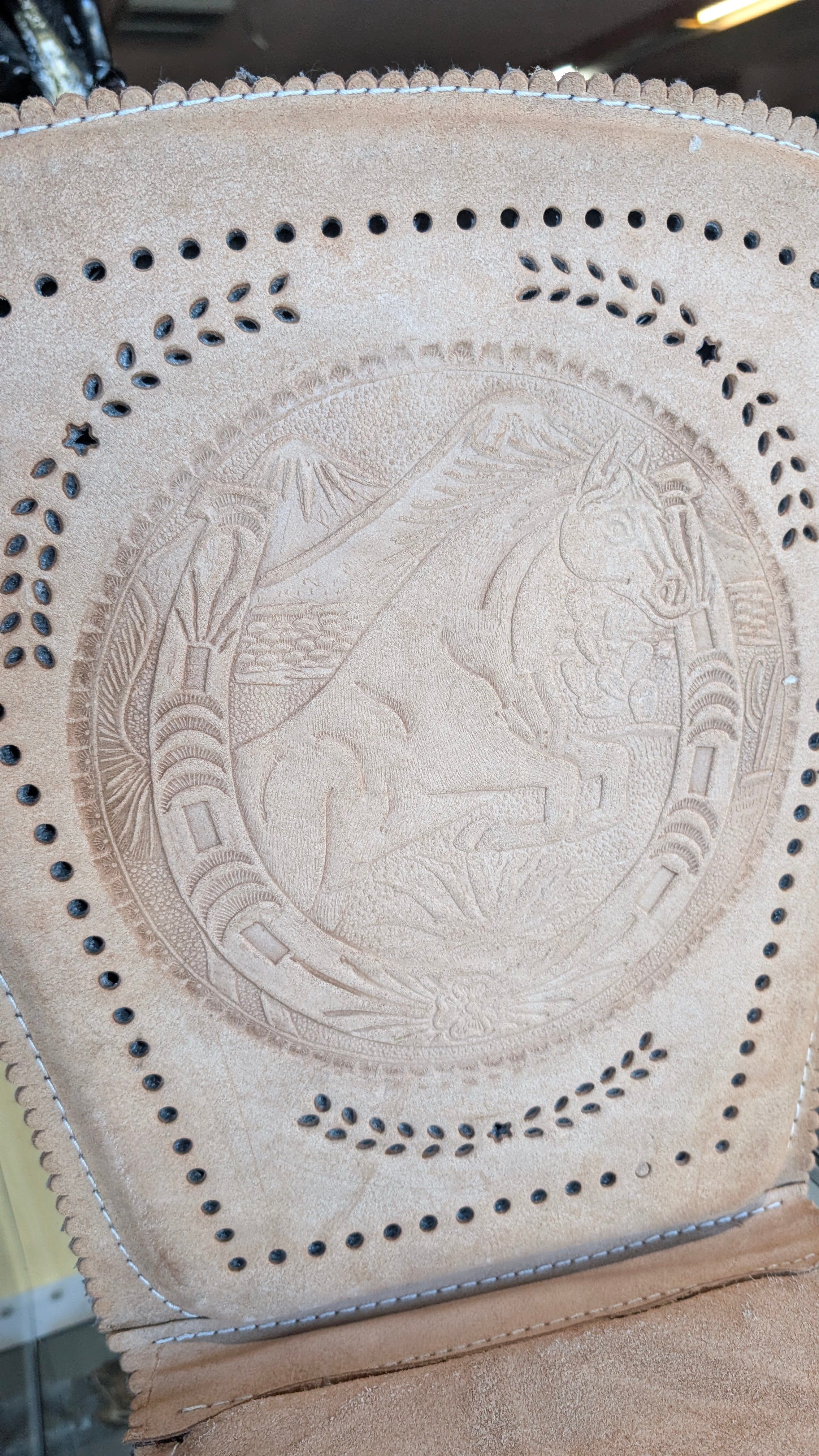 Vintage Hand Tooled Leather Western Saddle Seat Cover Horse Design Decor