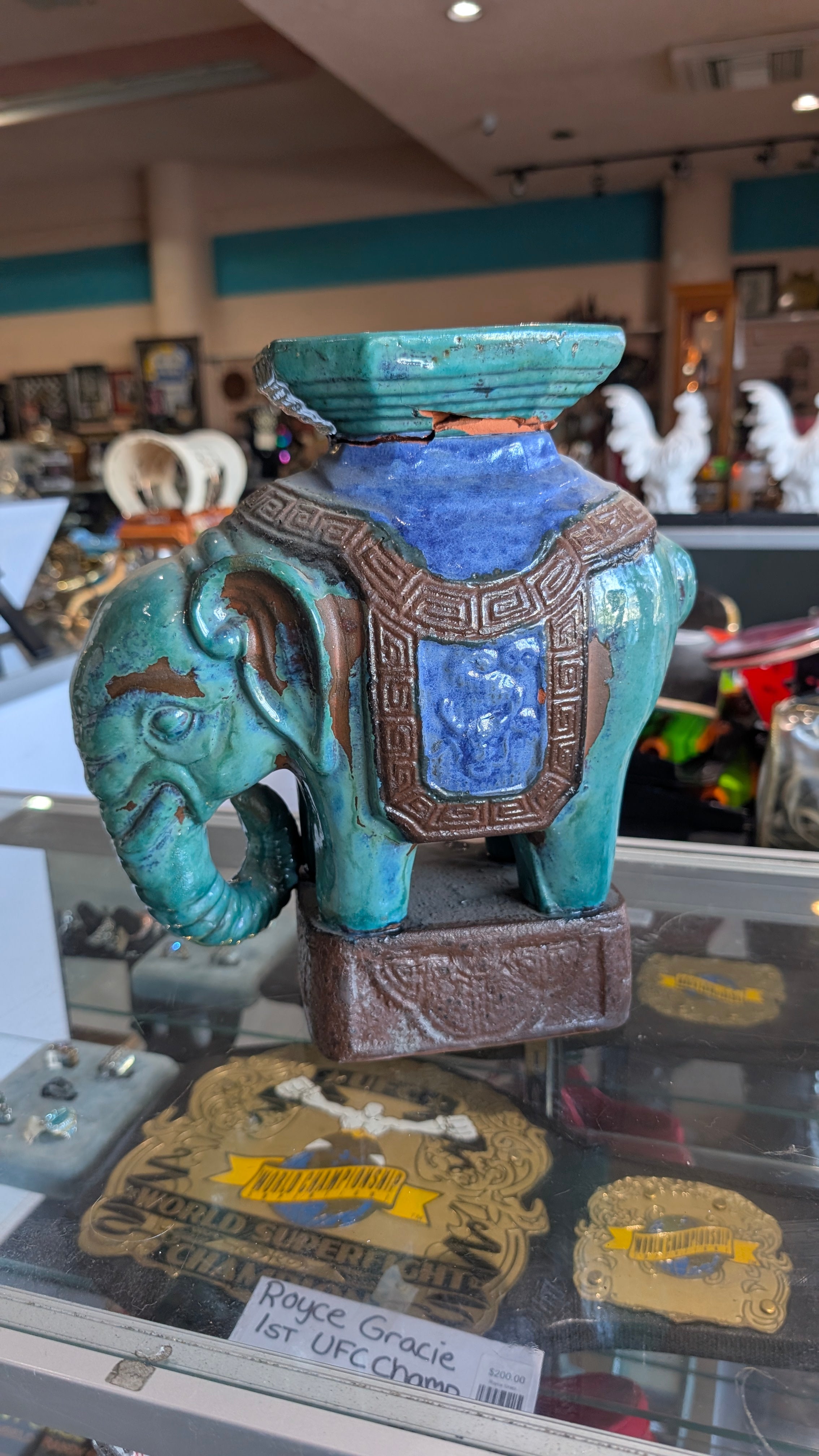 Vintage Elephant Ceramic Garden Stool Vase Turquoise Blue Asian Decor