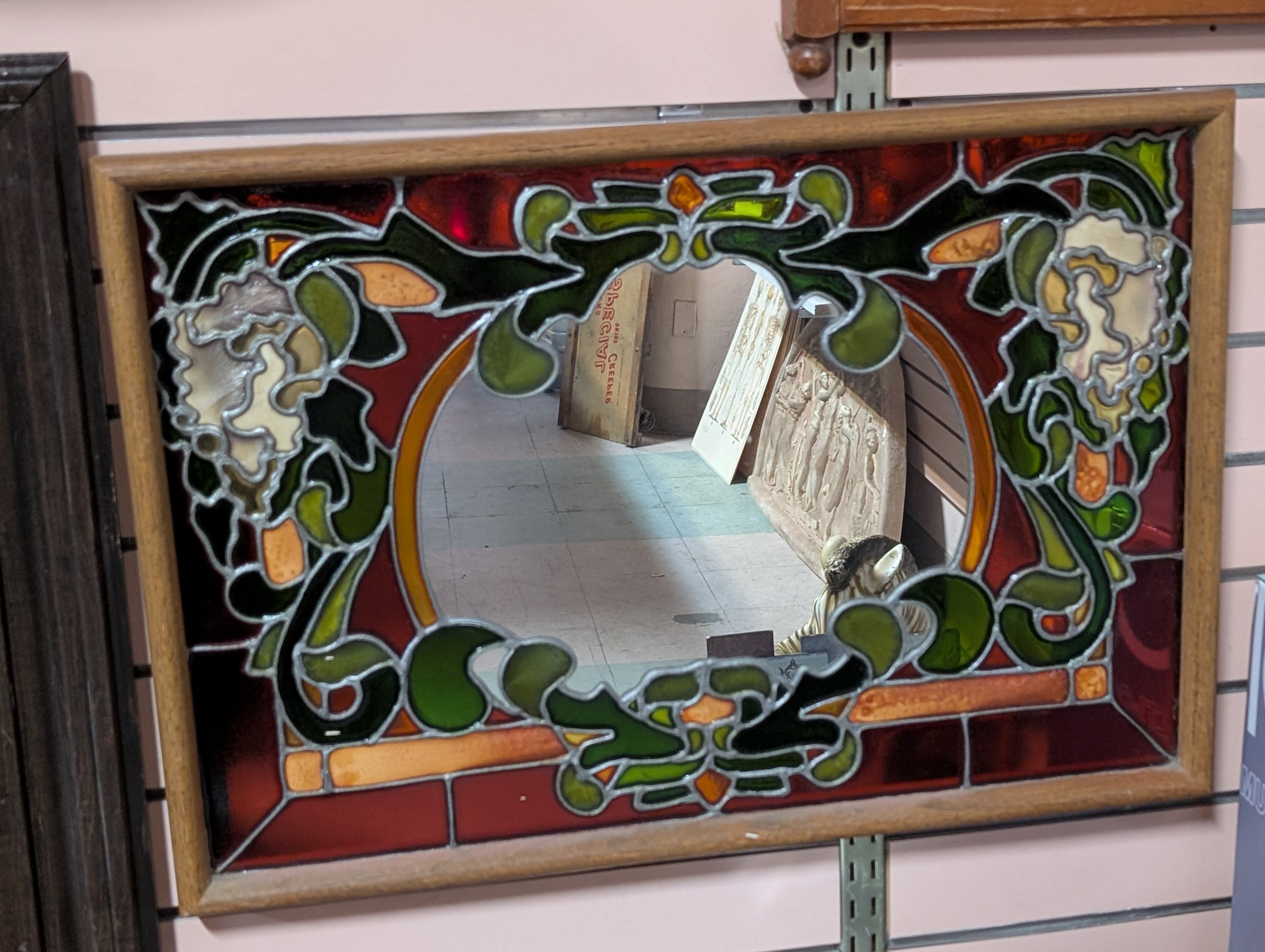 Vintage Art Nouveau Stained Glass Framed Wall Mirror Floral Decor