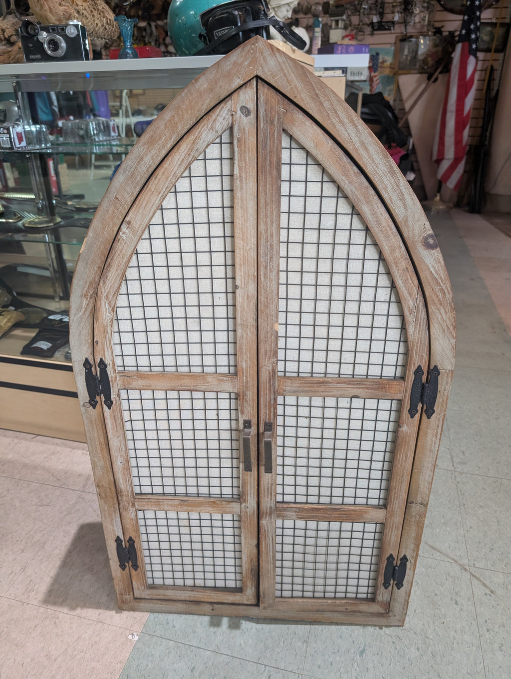 Rustic Gothic Arch Wooden Wall Cabinet Wire Mesh Farmhouse Decor