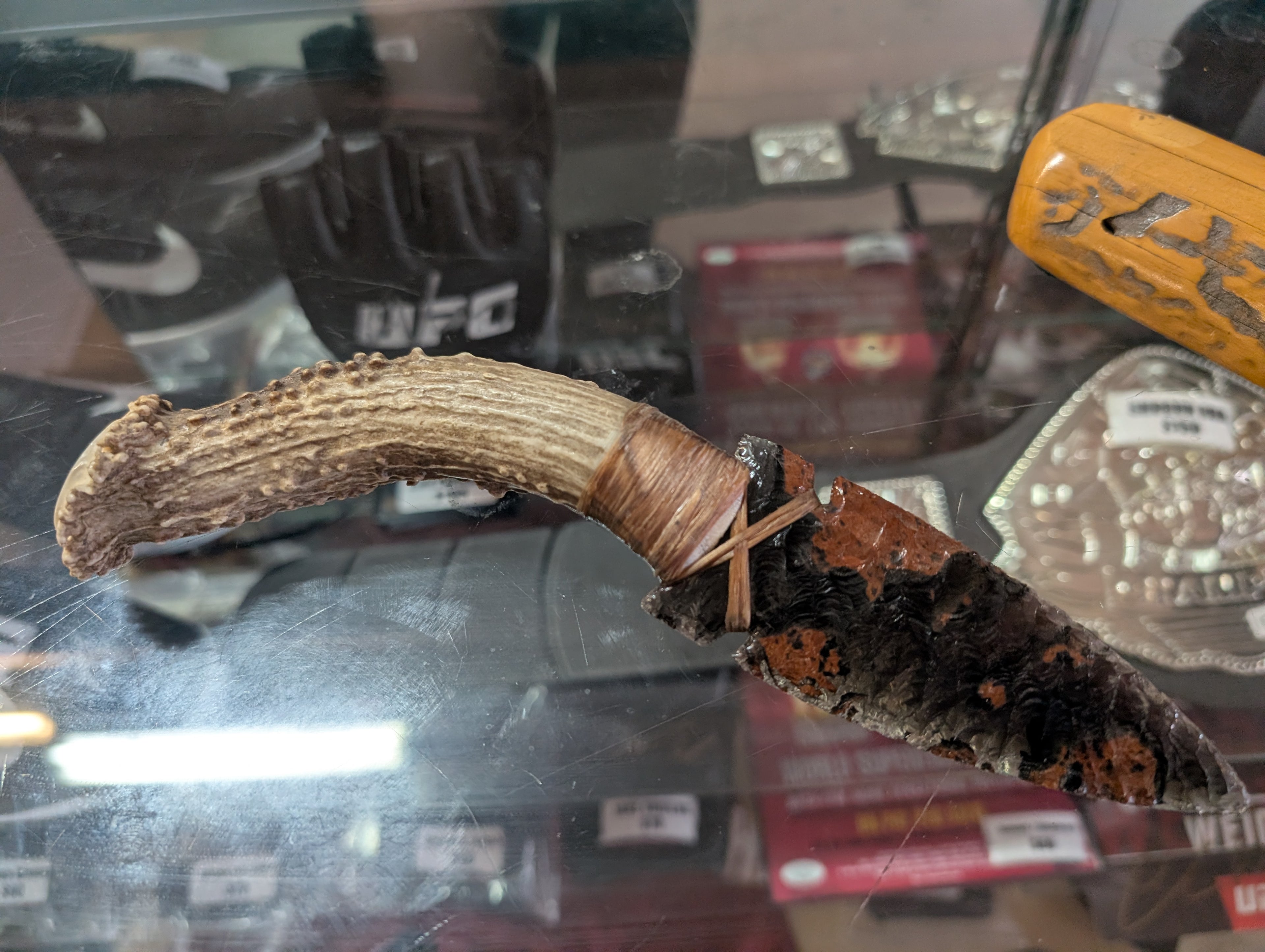 Hand Knapped Stone Arrowhead Knife with Antler Handle Display Piece