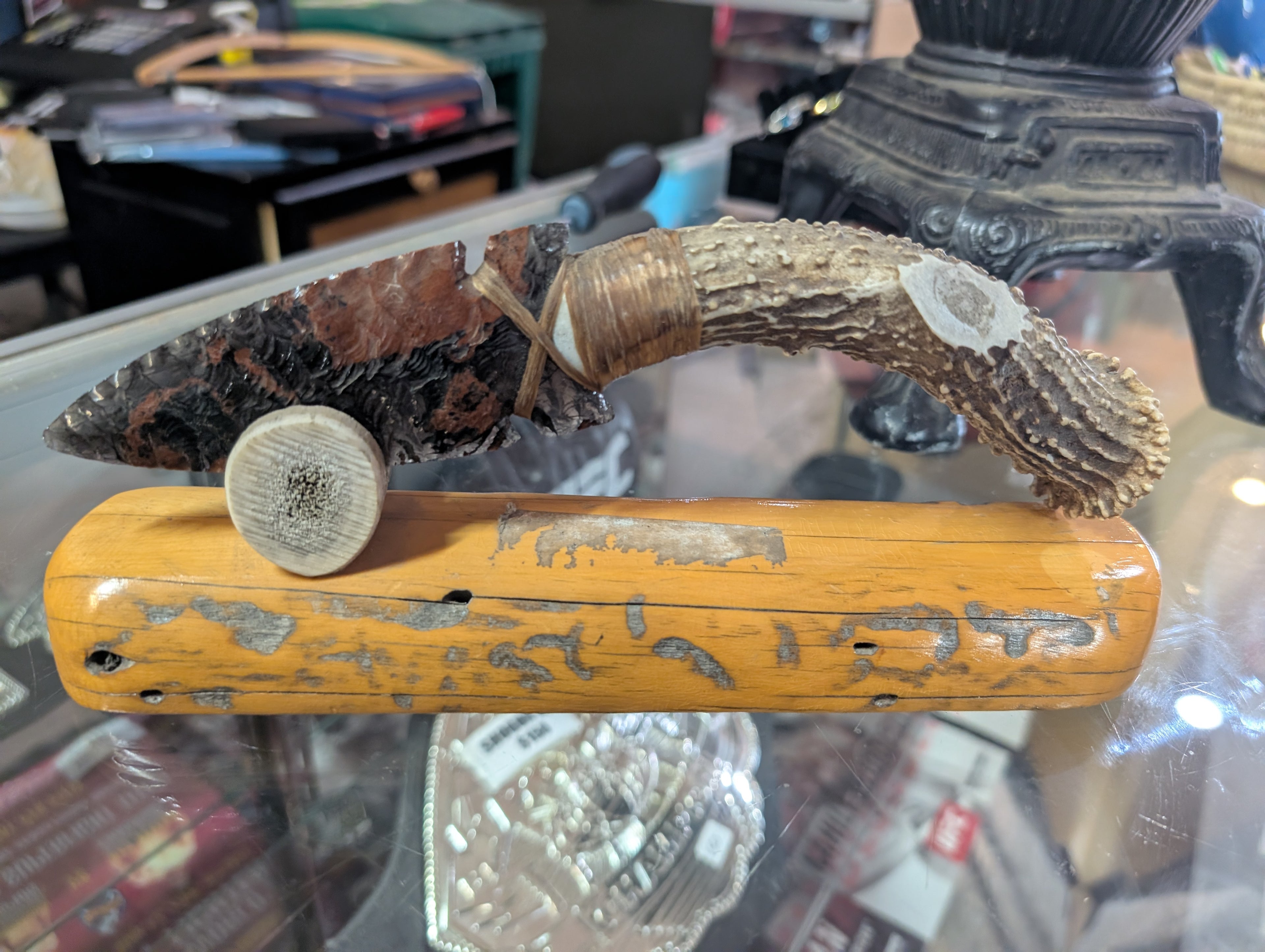 Hand Knapped Stone Arrowhead Knife with Antler Handle Display Piece