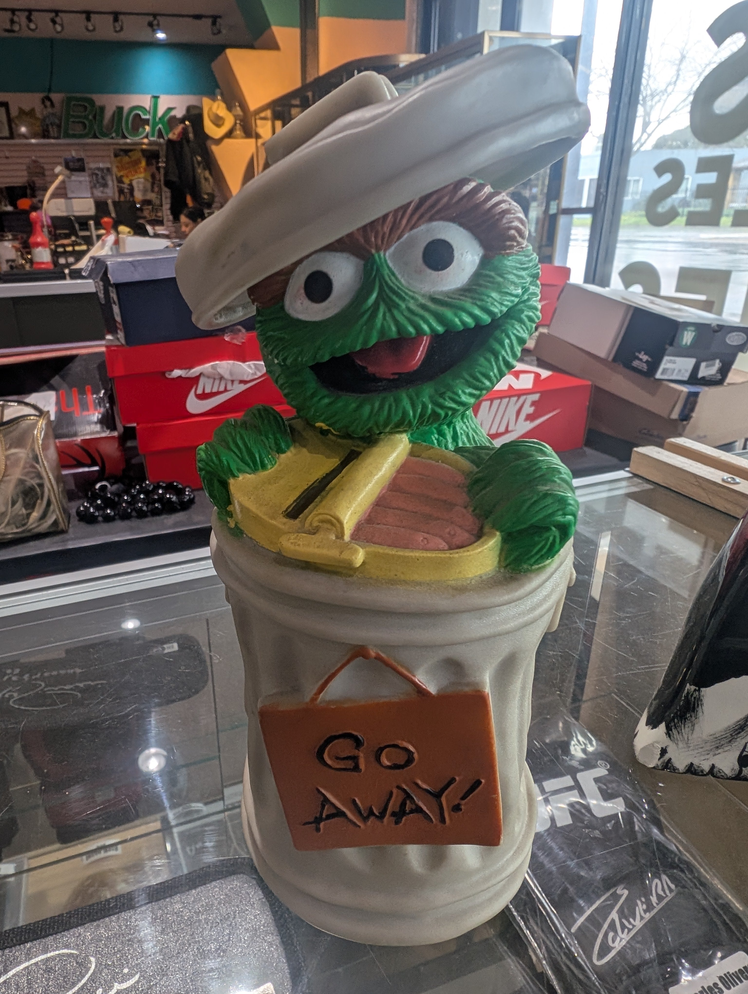 Vintage Oscar The Grouch Go Away Trash Can Statue Sesame Street Decor