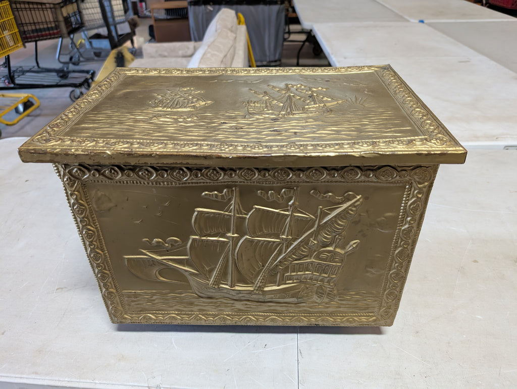 Antique Wooden Coal Scuttle Brass Embossed Fireplace Storage Box