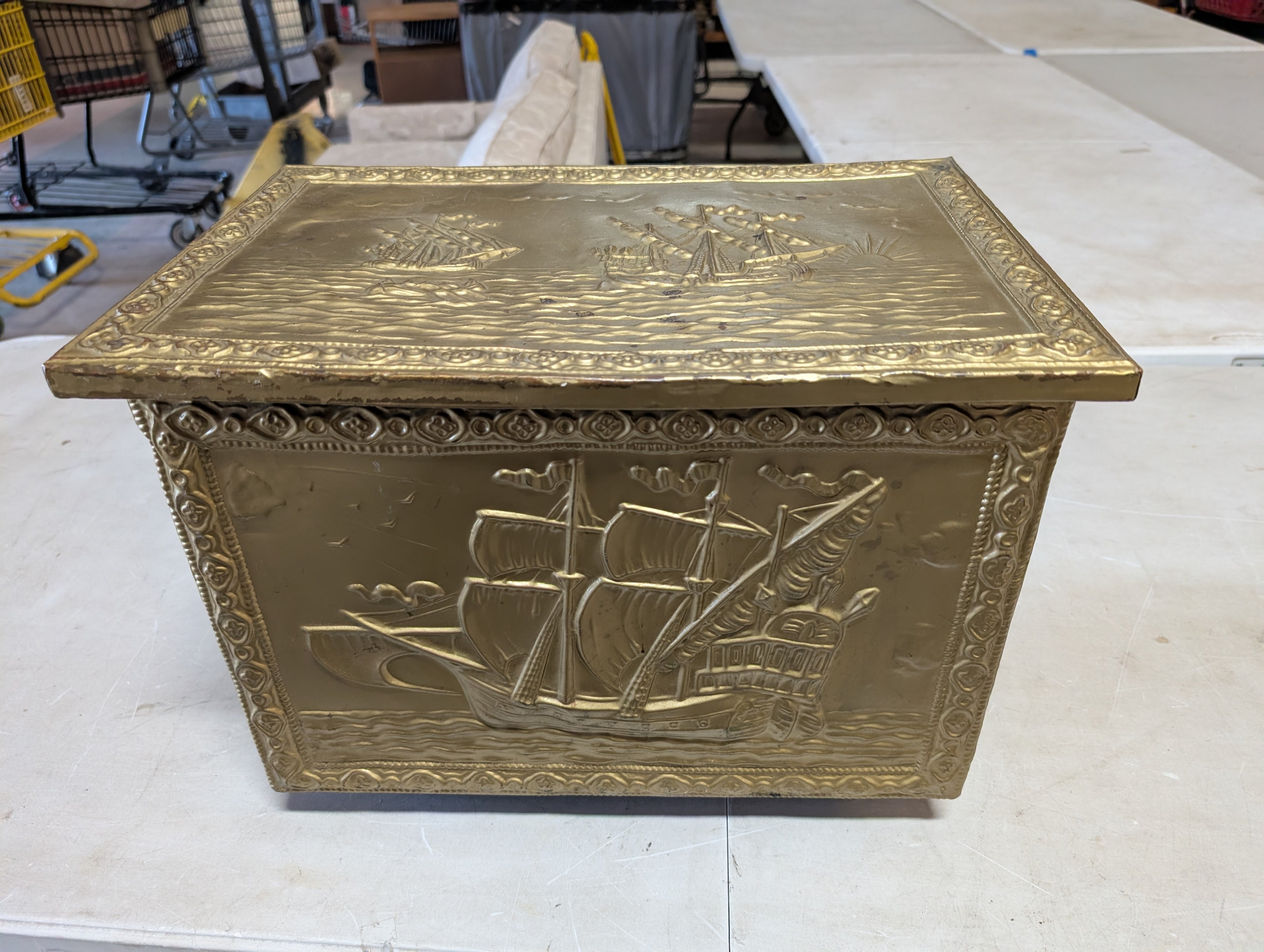 Antique Wooden Coal Scuttle Brass Embossed Fireplace Storage Box