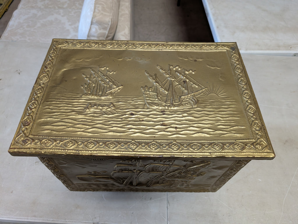 Antique Wooden Coal Scuttle Brass Embossed Fireplace Storage Box