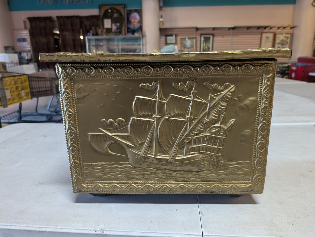 Antique Wooden Coal Scuttle Brass Embossed Fireplace Storage Box