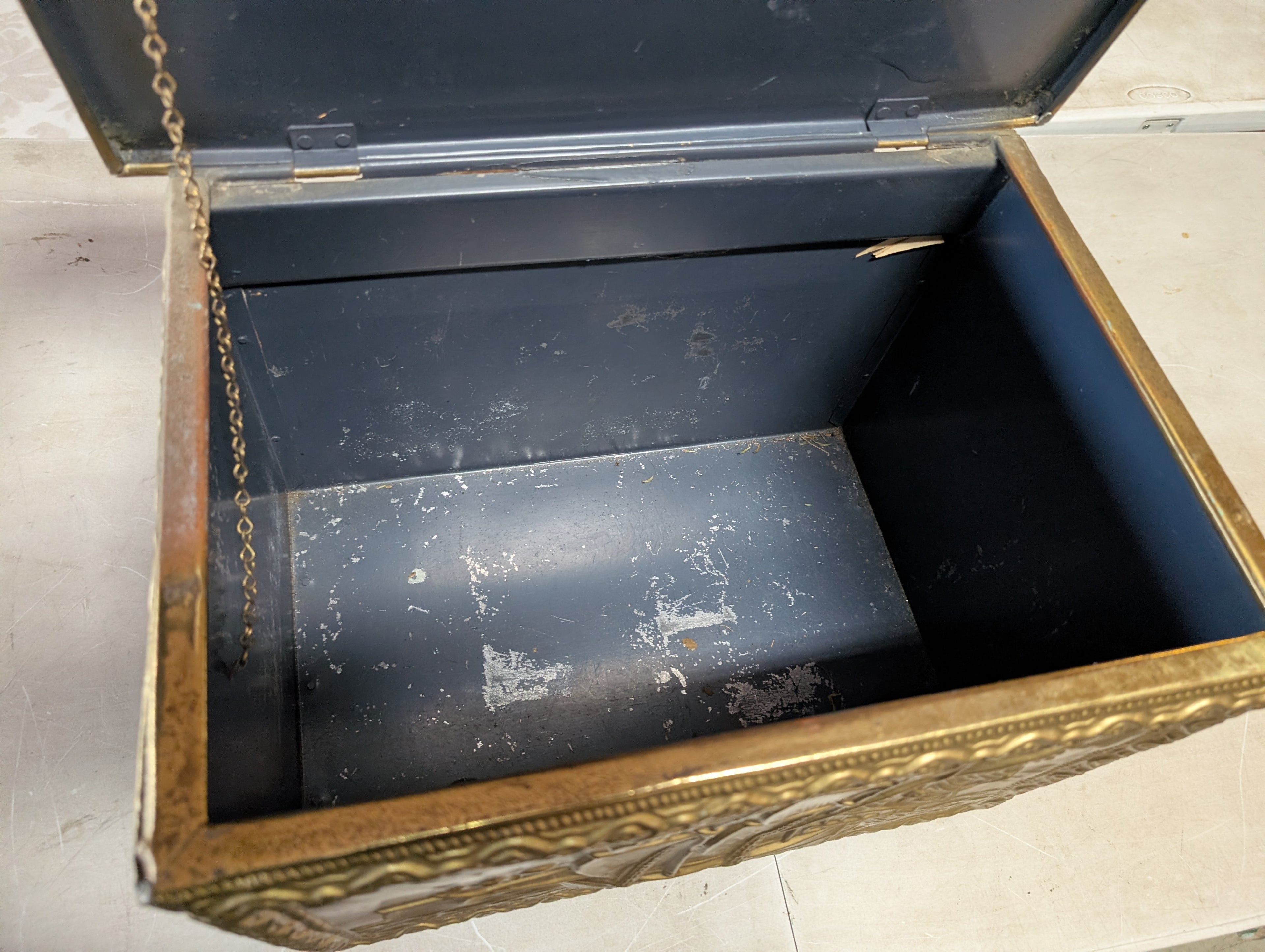 Antique Wooden Coal Scuttle Brass Embossed Fireplace Storage Box