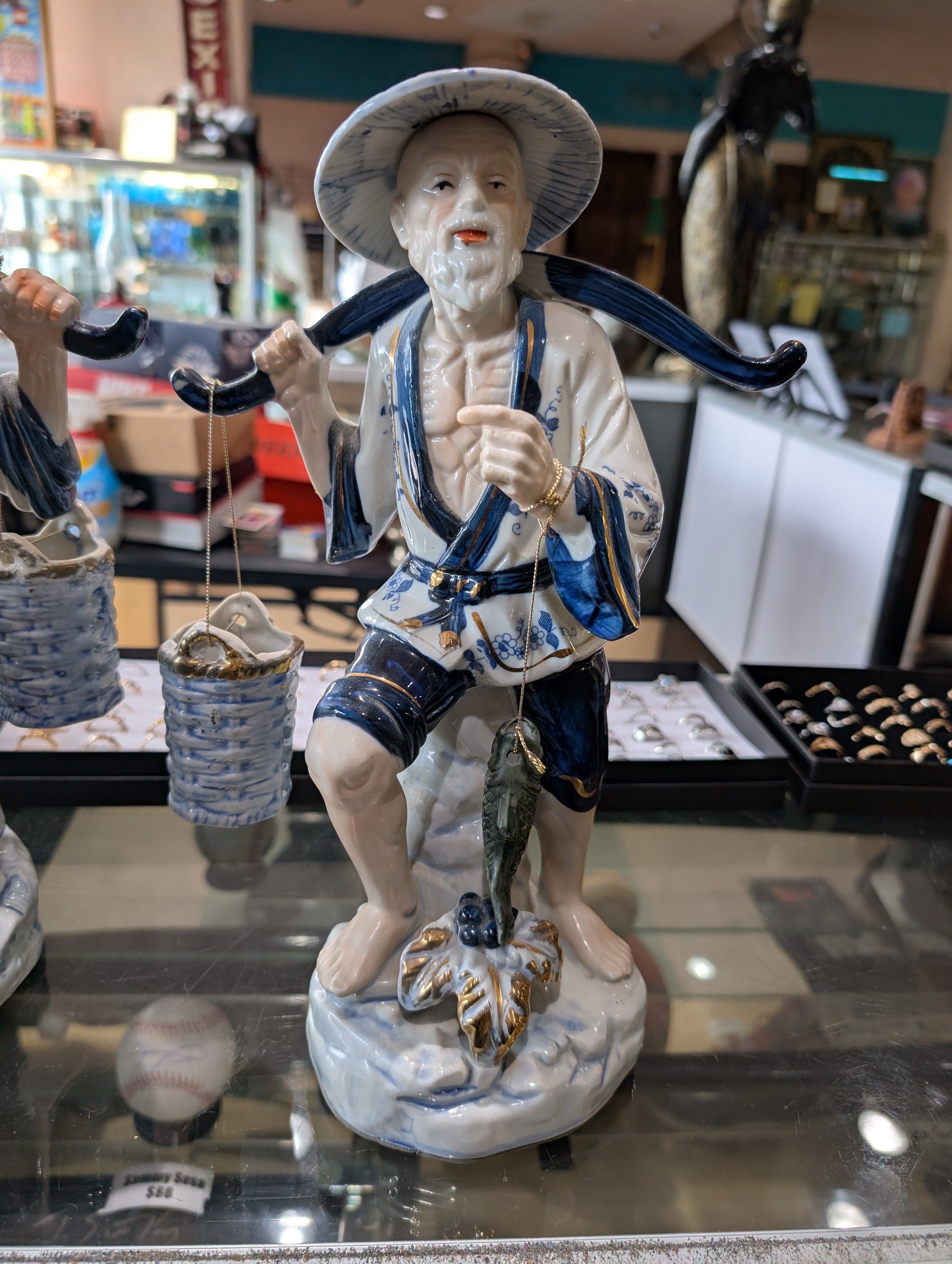 Chinese Fisherman Figurine With Water Buckets Vintage Blue And White Statue 12"