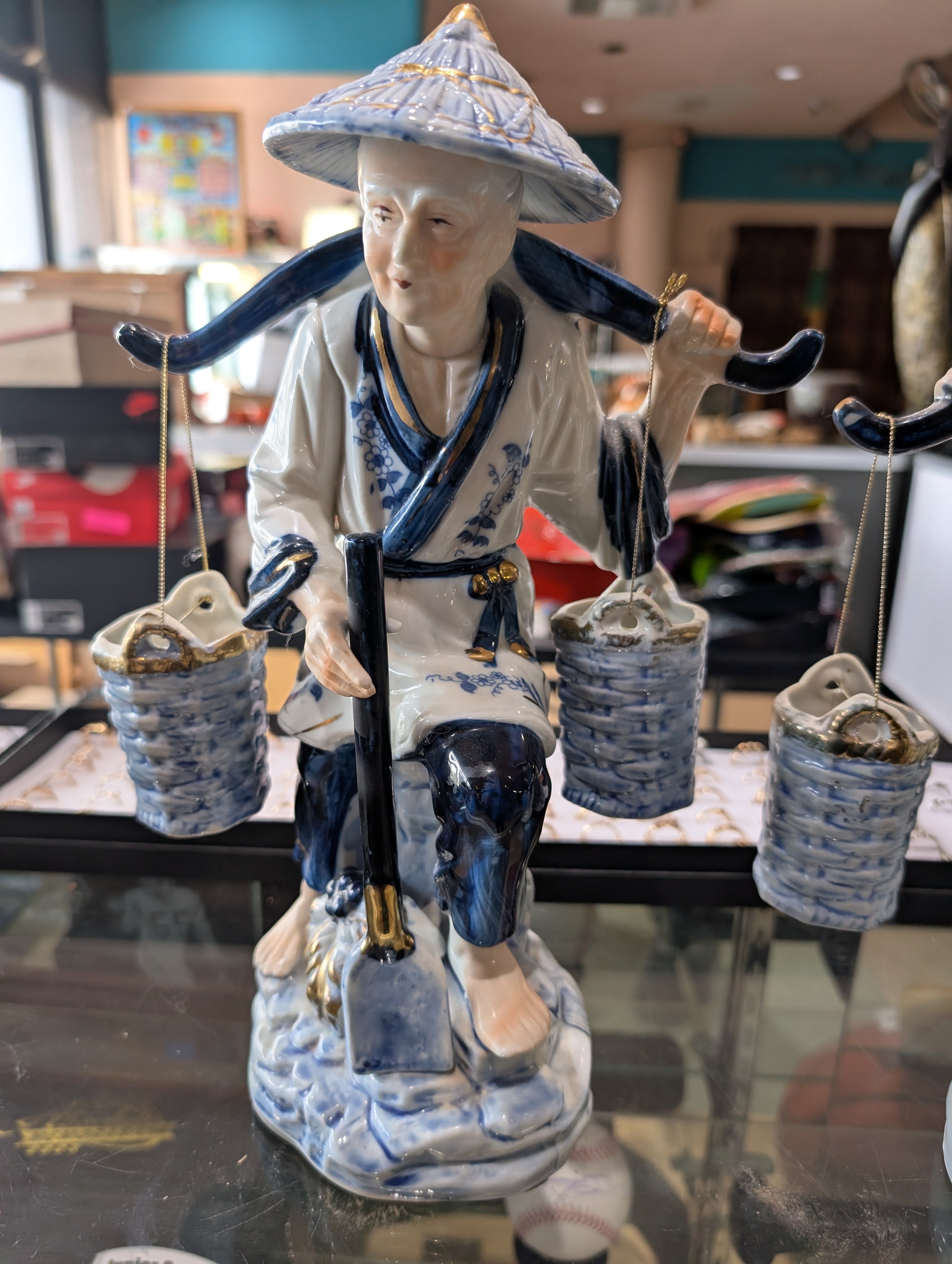 Vintage Chinese Porcelain Farmer Figurine Blue White Statue
