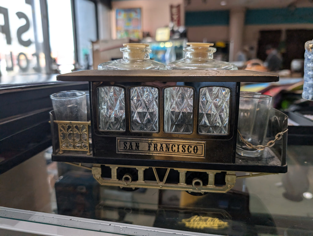 Vintage San Francisco Cable Car Bar Set Decanter Shot Glasses