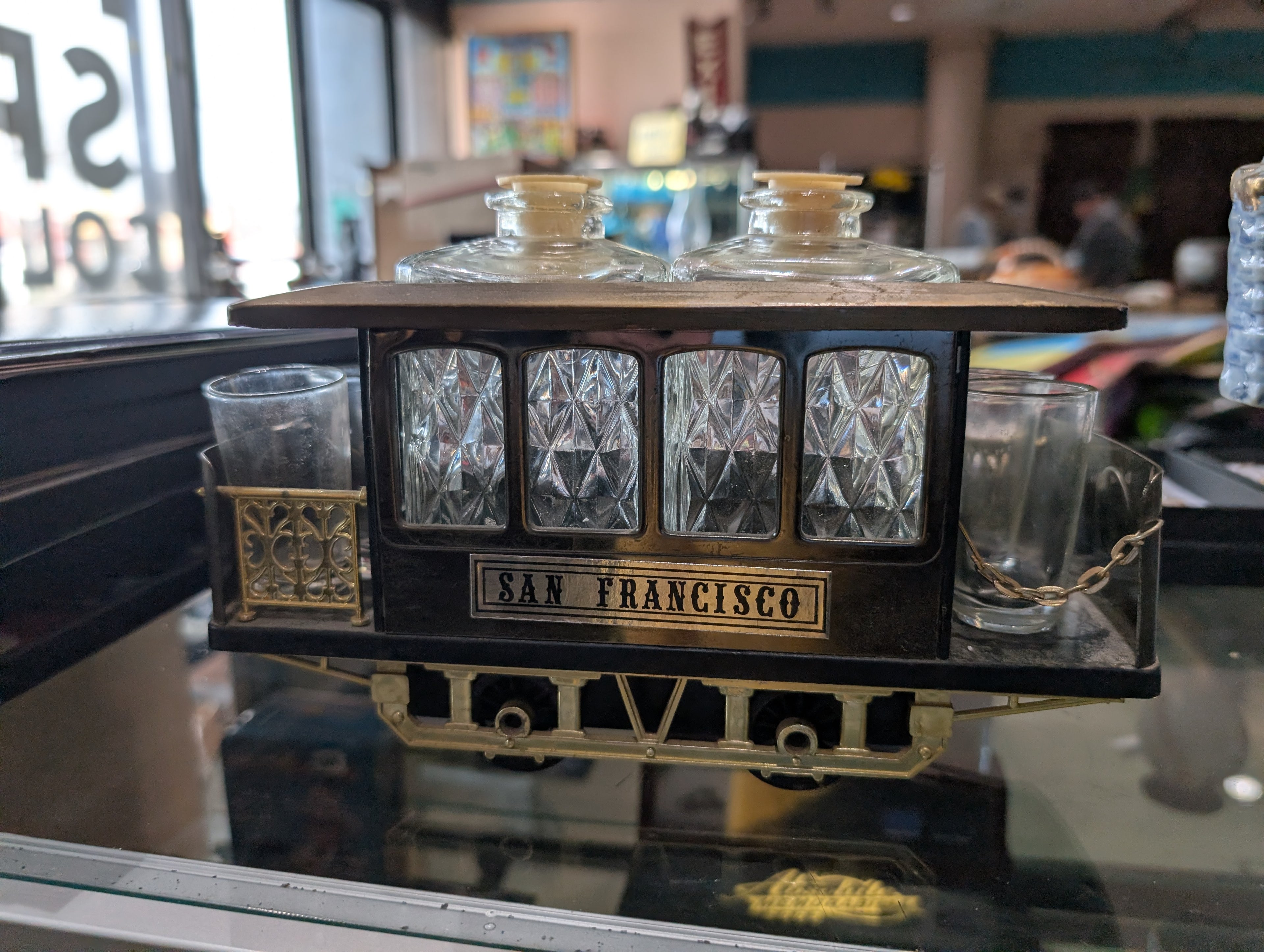 Vintage San Francisco Cable Car Bar Set Decanter Shot Glasses