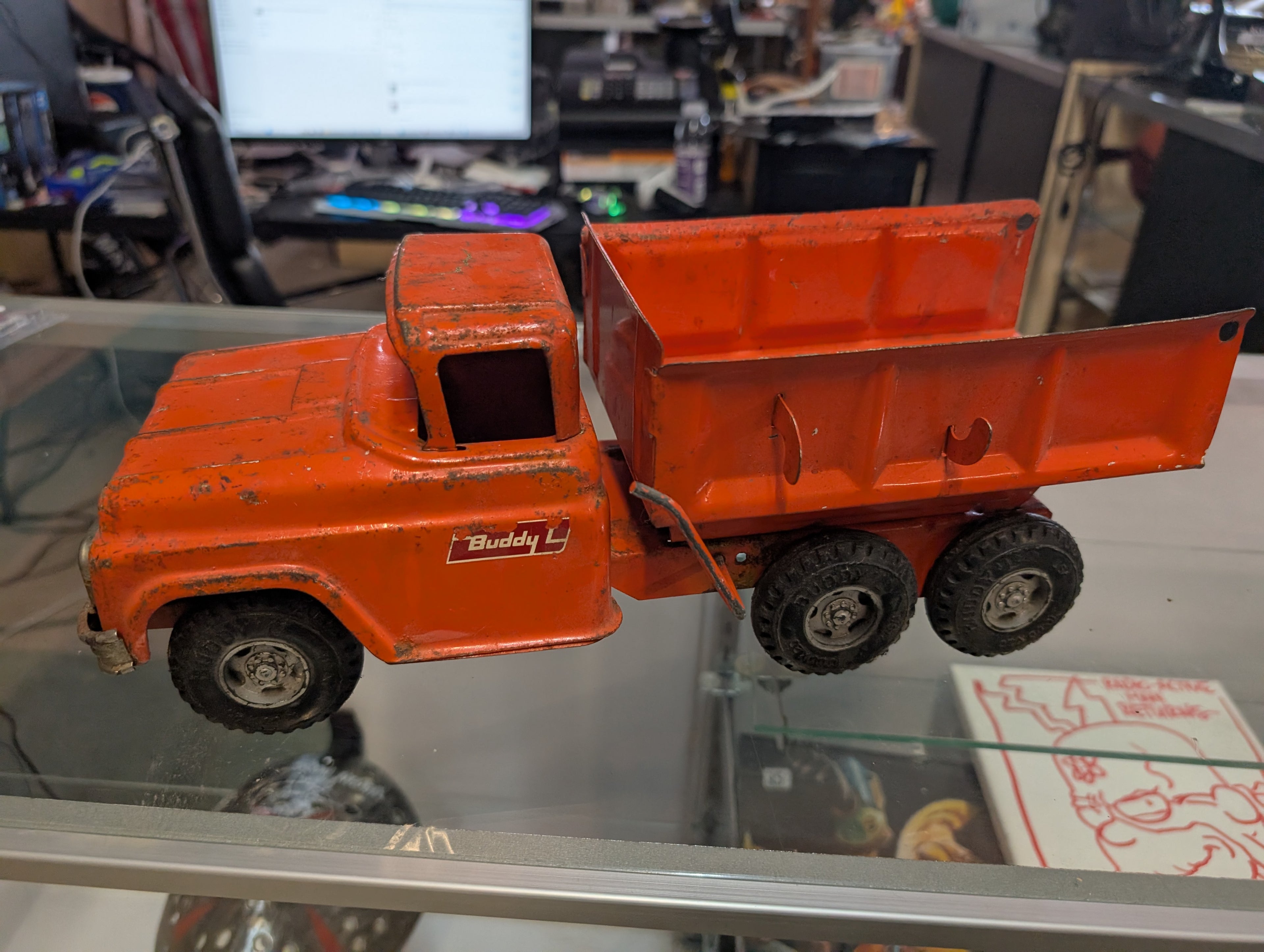 Vintage Buddy L Mack Hydraulic Dump Truck Pressed Steel Orange Toy