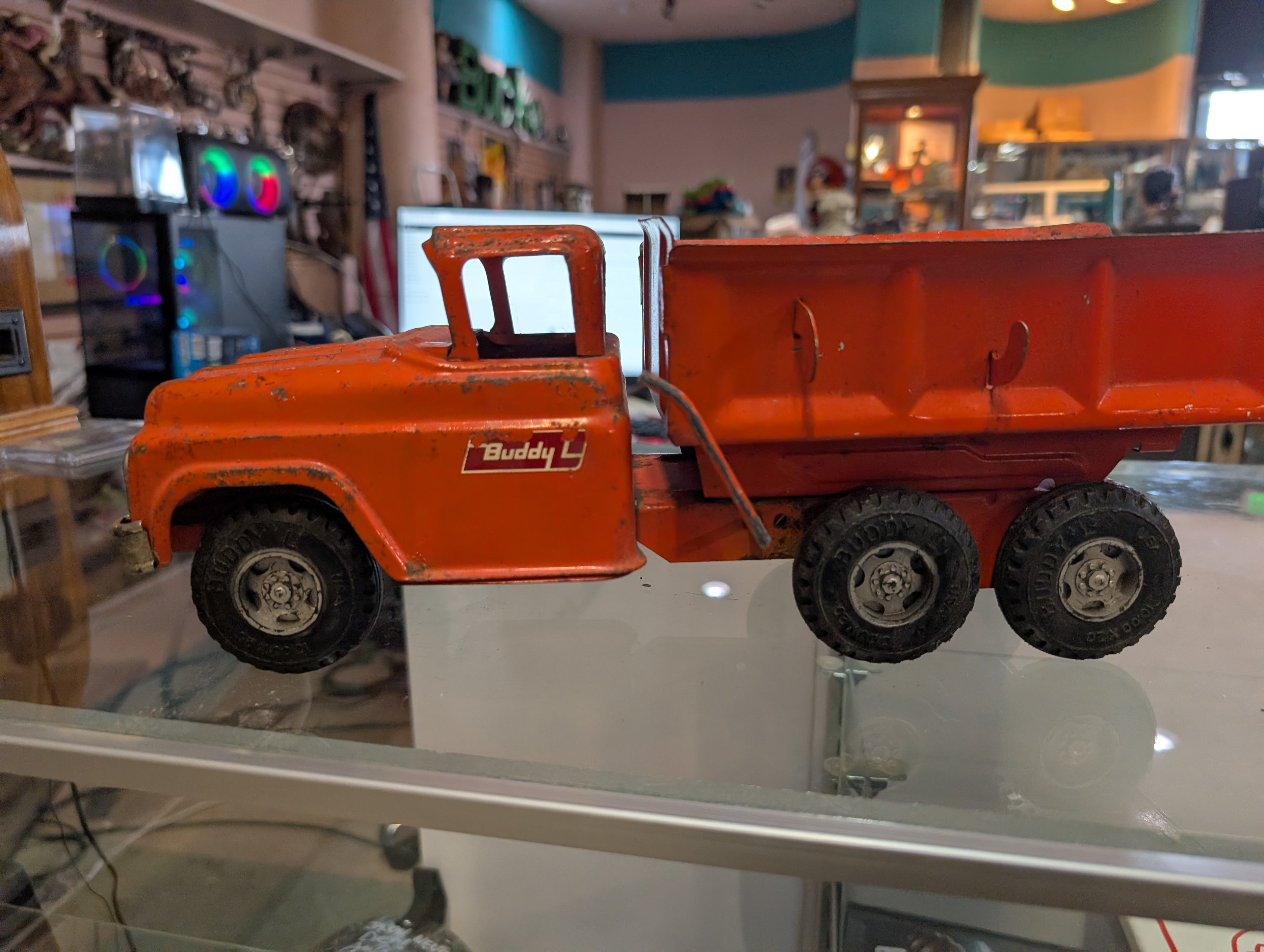 Vintage Buddy L Mack Hydraulic Dump Truck Pressed Steel Orange Toy
