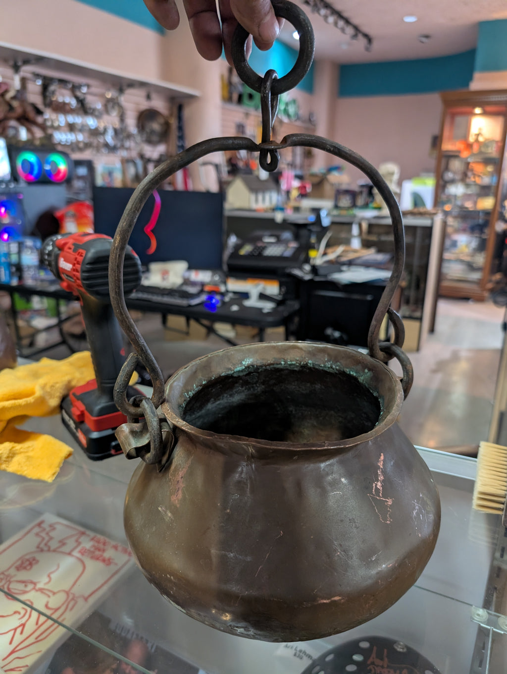 Antique Hand Hammered Copper Cauldron Pot Iron Handle Rustic Decor