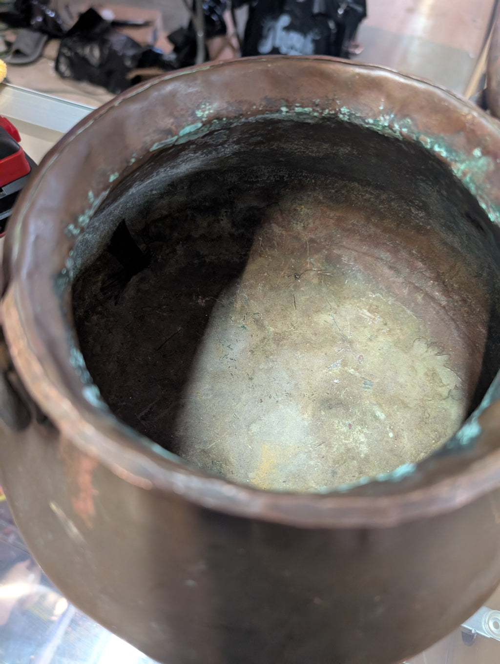 Antique Hand Hammered Copper Cauldron Pot Iron Handle Rustic Decor