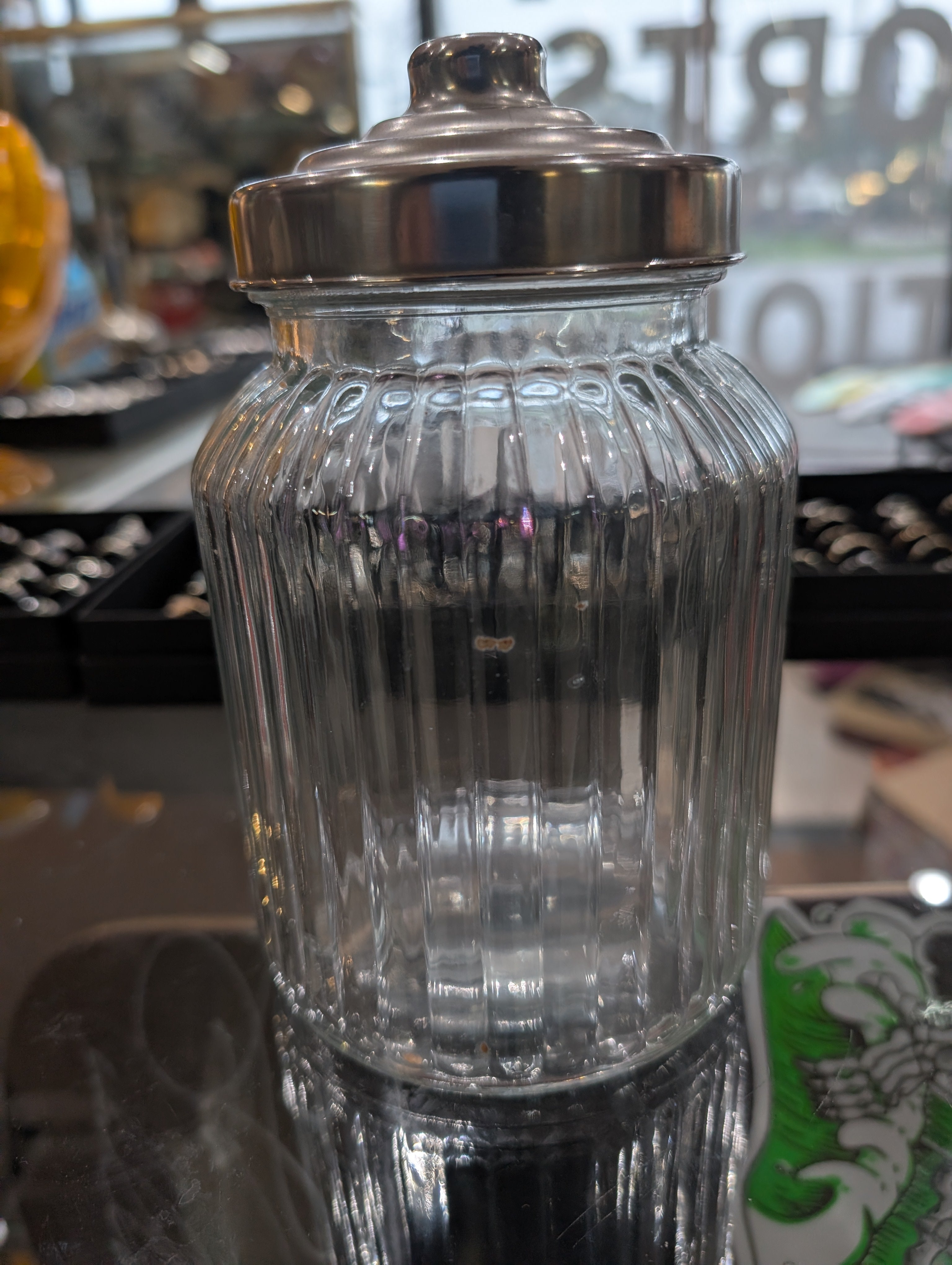 Vintage Ribbed Glass Candy Jar Metal Lid Kitchen Counter Storage