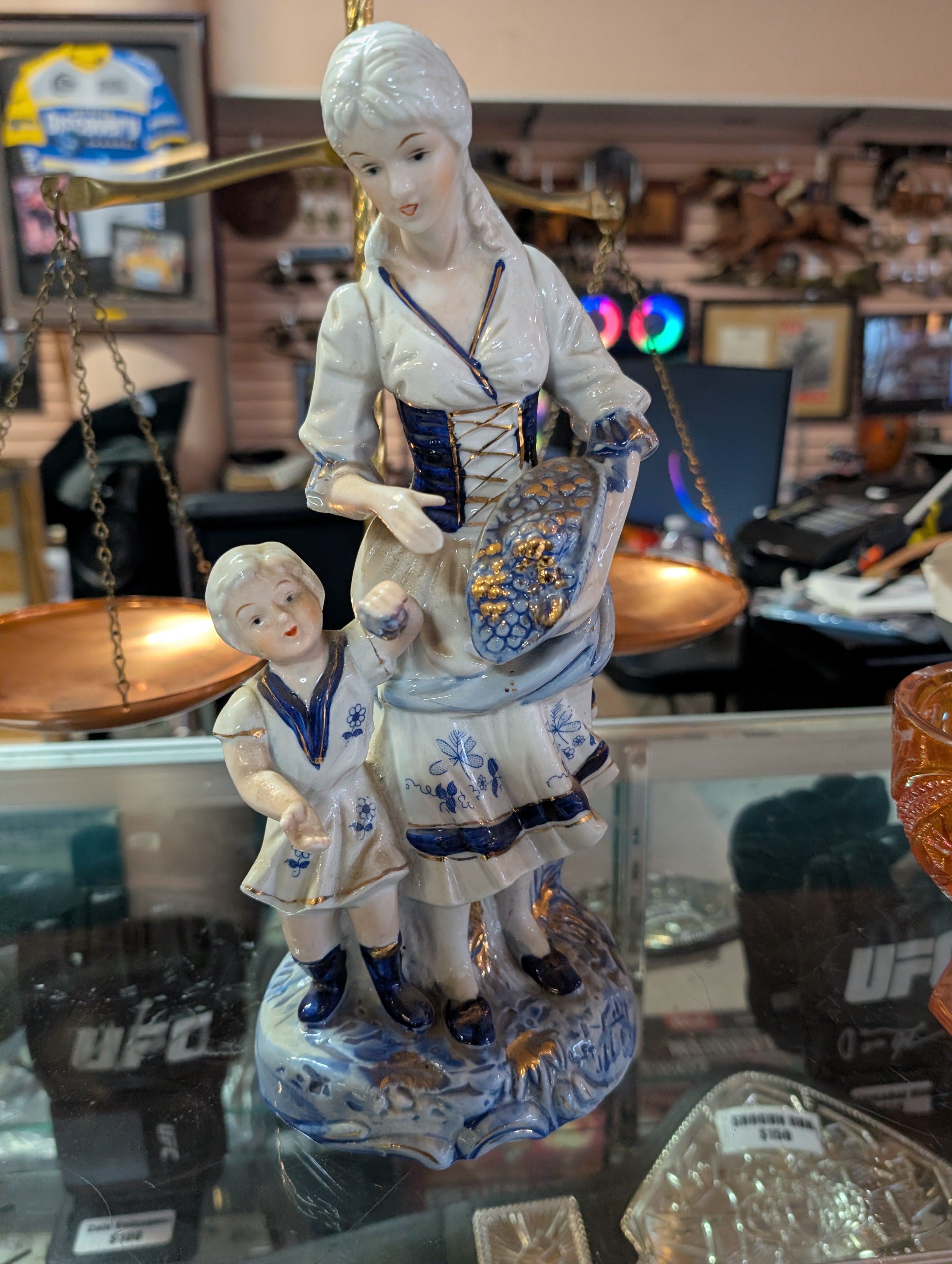 Vintage Porcelain Dutch Mother Child Figurine Blue White Gold Collectible