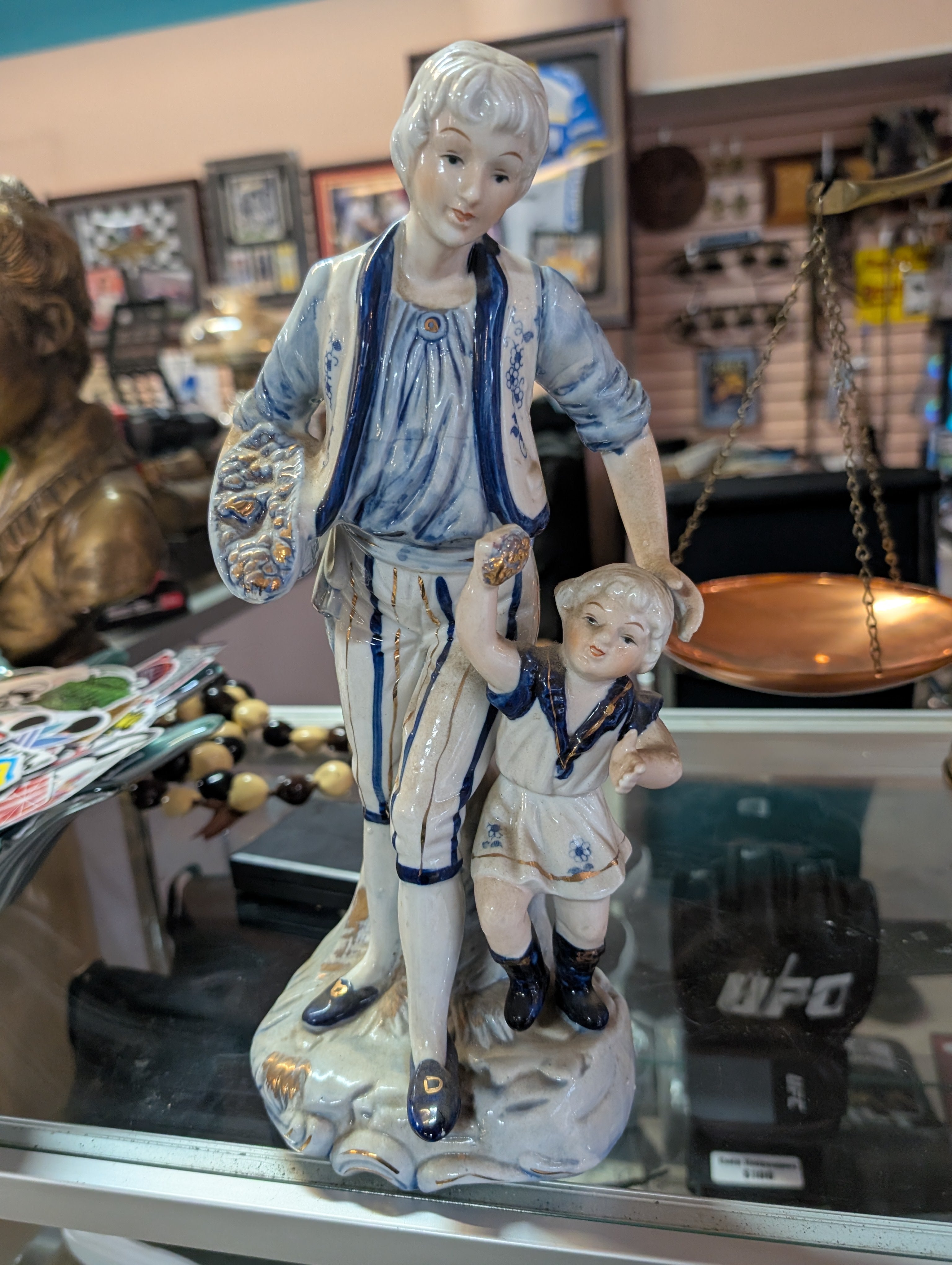 Vintage Porcelain Dutch Father Child Figurine Blue White Gold Collectible