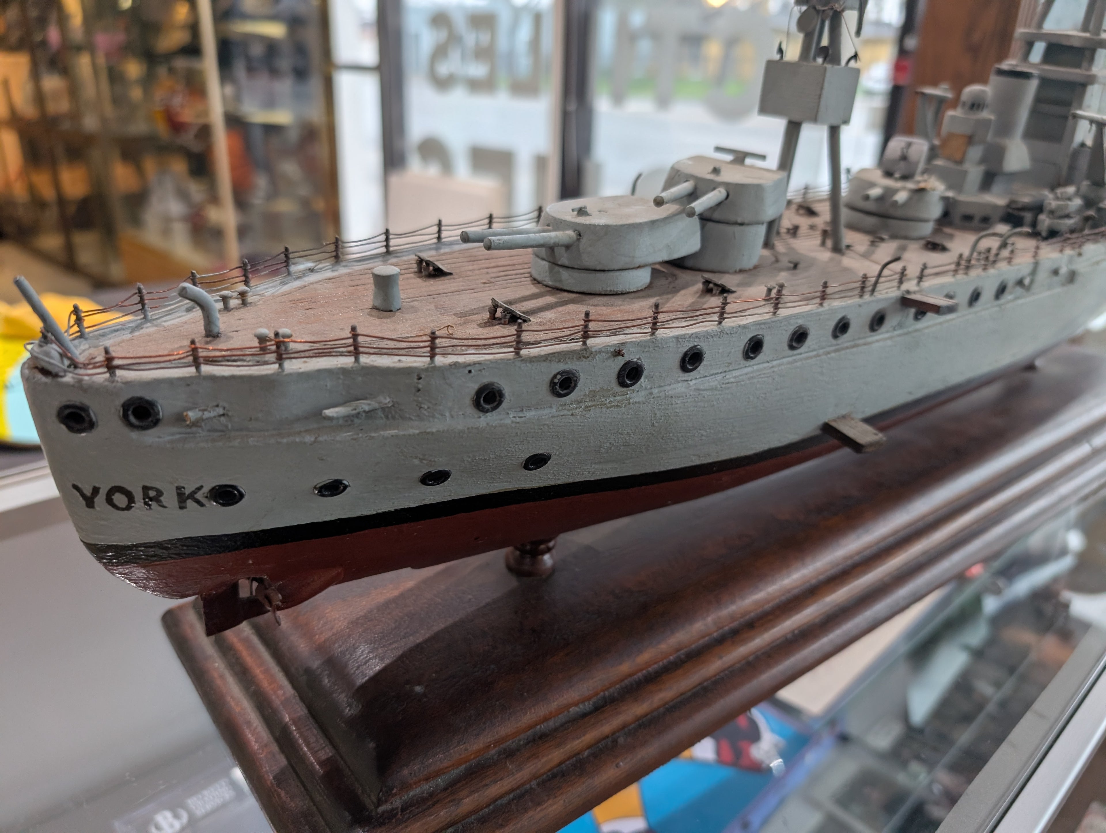 Vintage USS NEW YORK (BB-34) Battleship Wooden Ship Model Wood Base Naval - HAS CONDITION ISSUES