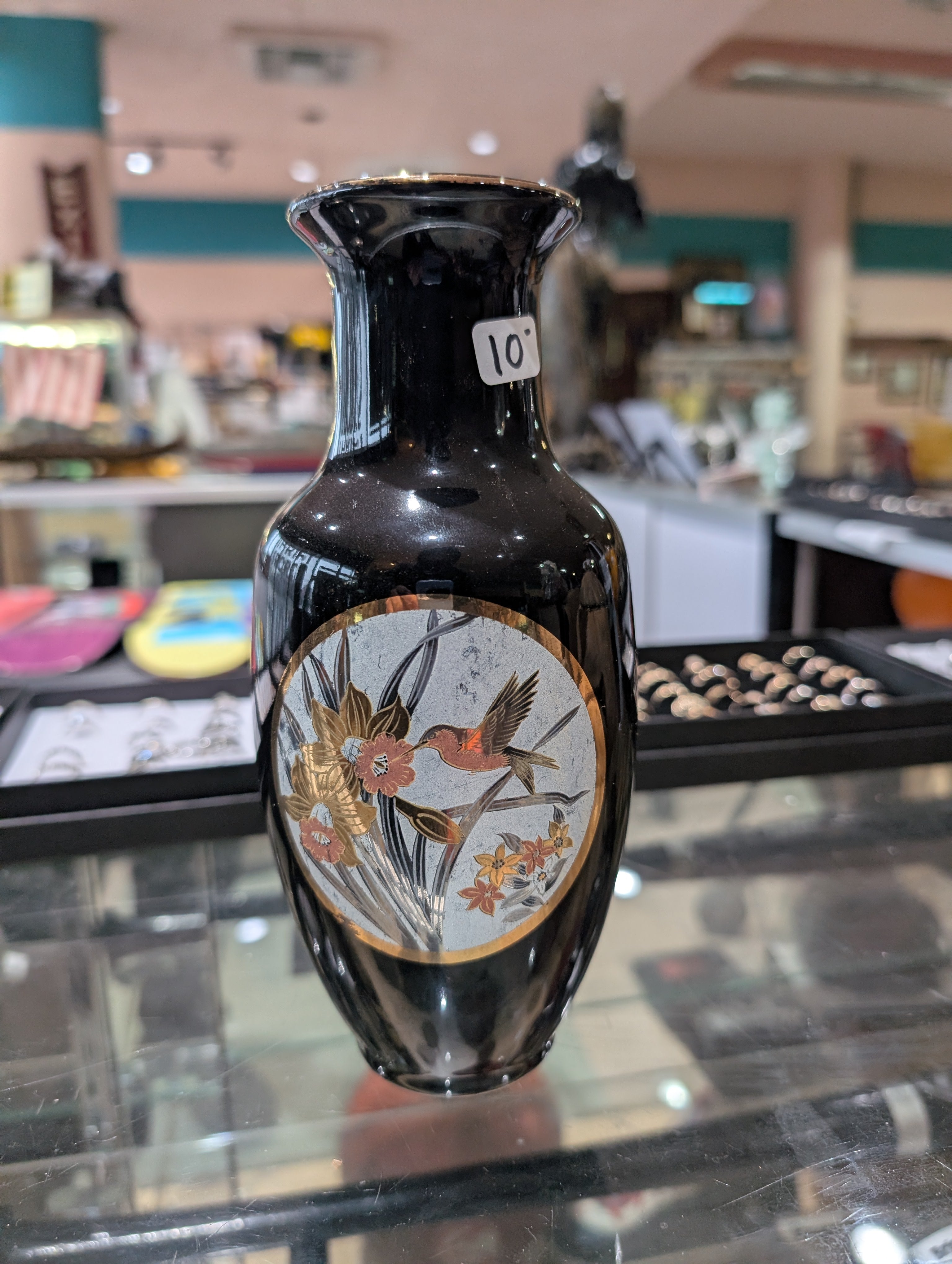 Vintage Japanese Black Glass Hummingbird Vase Fine China Japan Decor