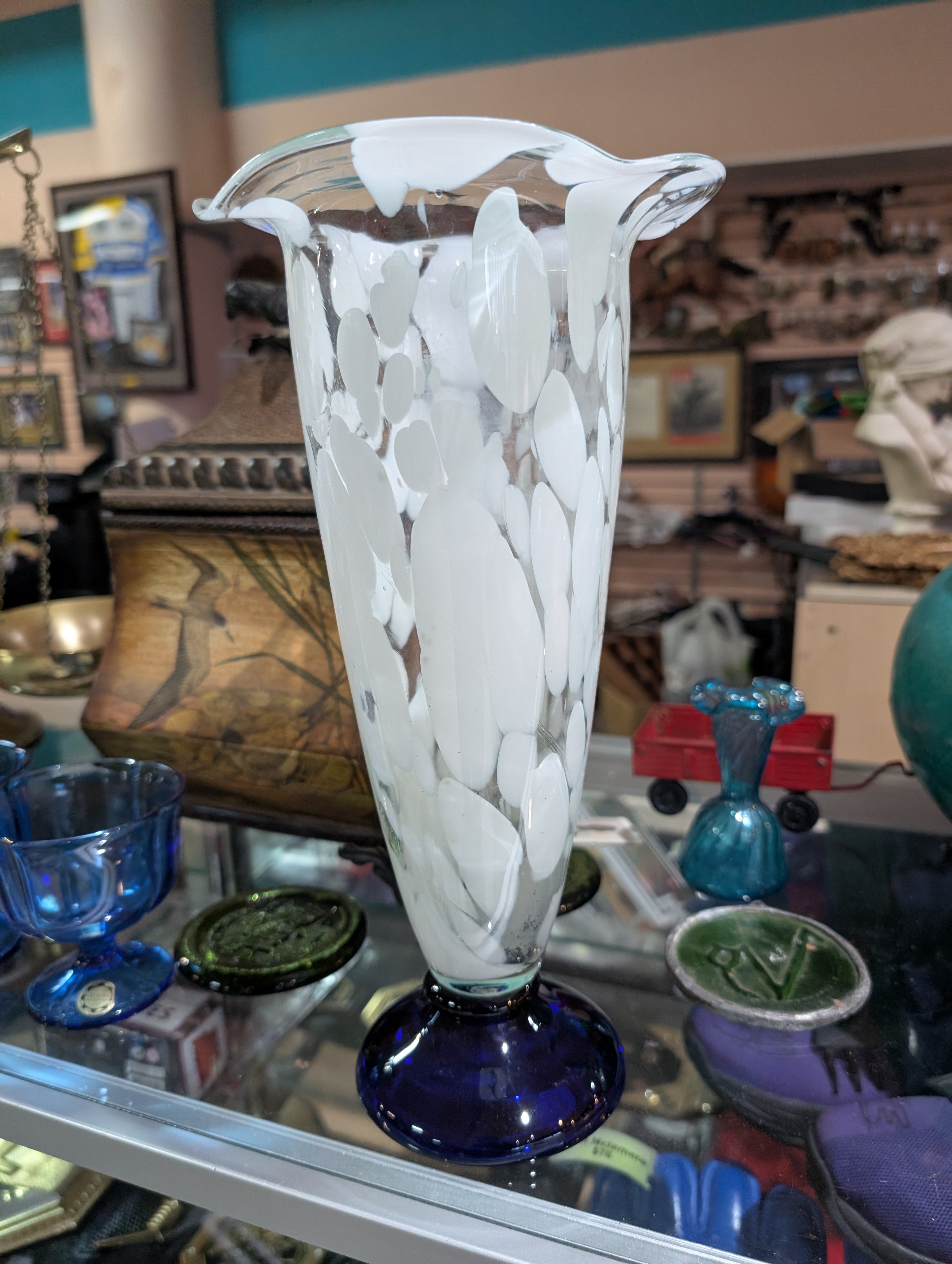 Vintage Hand Blown Art Glass Vase White Overlay Cobalt Blue Base