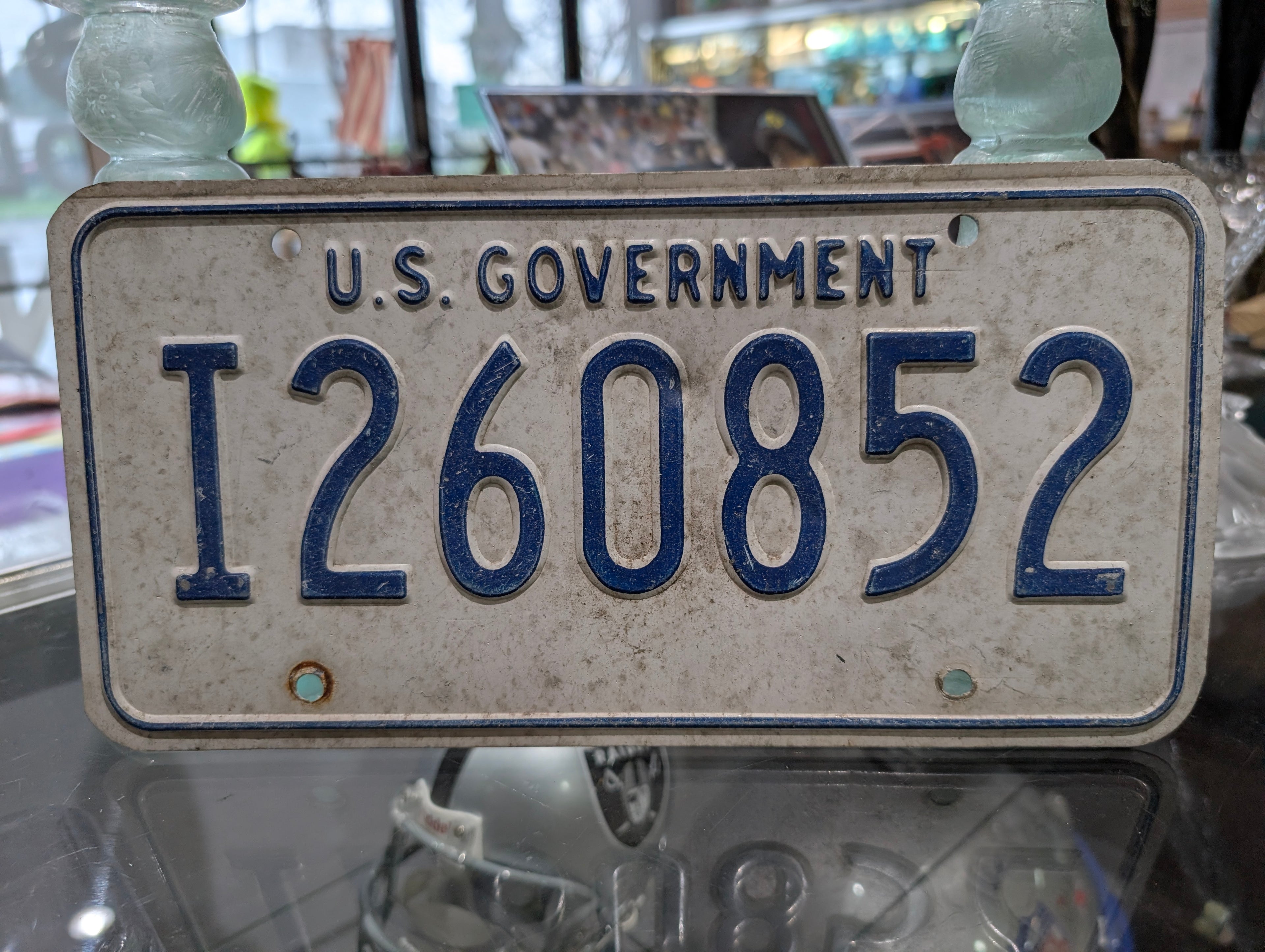 Vintage U S Government License Plate Obsolete White Blue Metal Tag