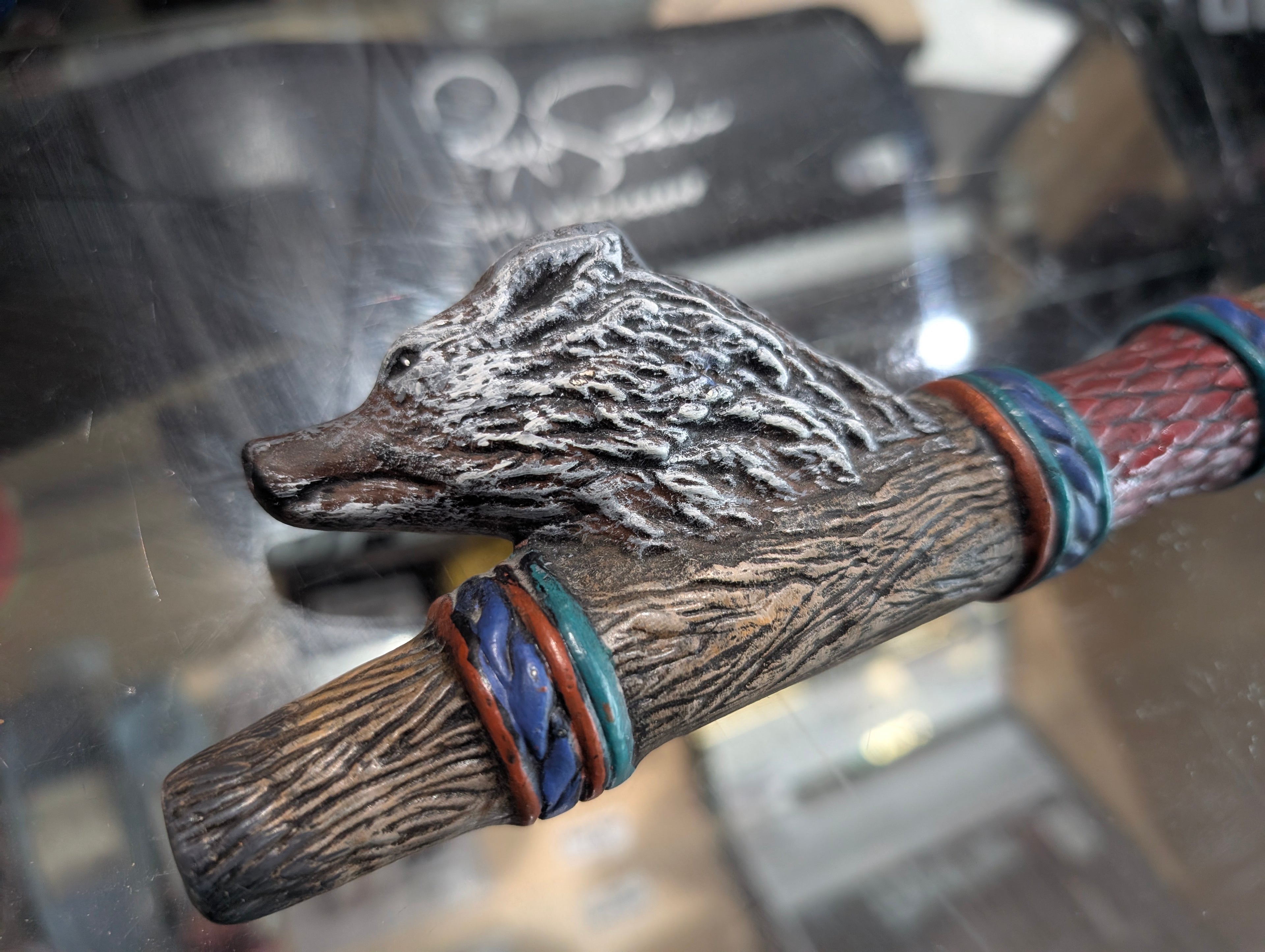 Vintage Hand Carved Wolf Head Decorative Staff Resin Tribal Art