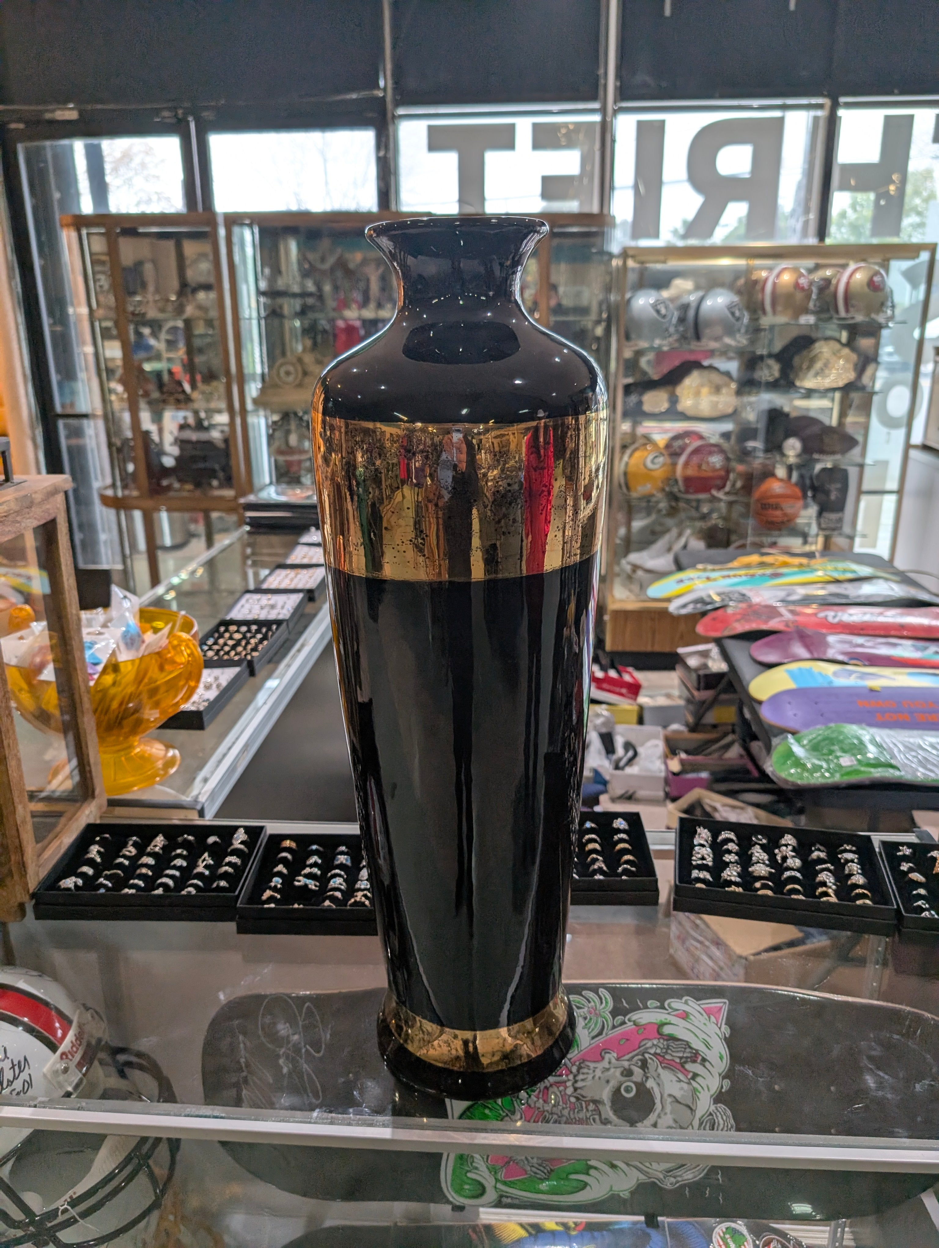 Vintage 26 Inch Black Glass Floor Vase Gold Band Accent Tall Decor Piece