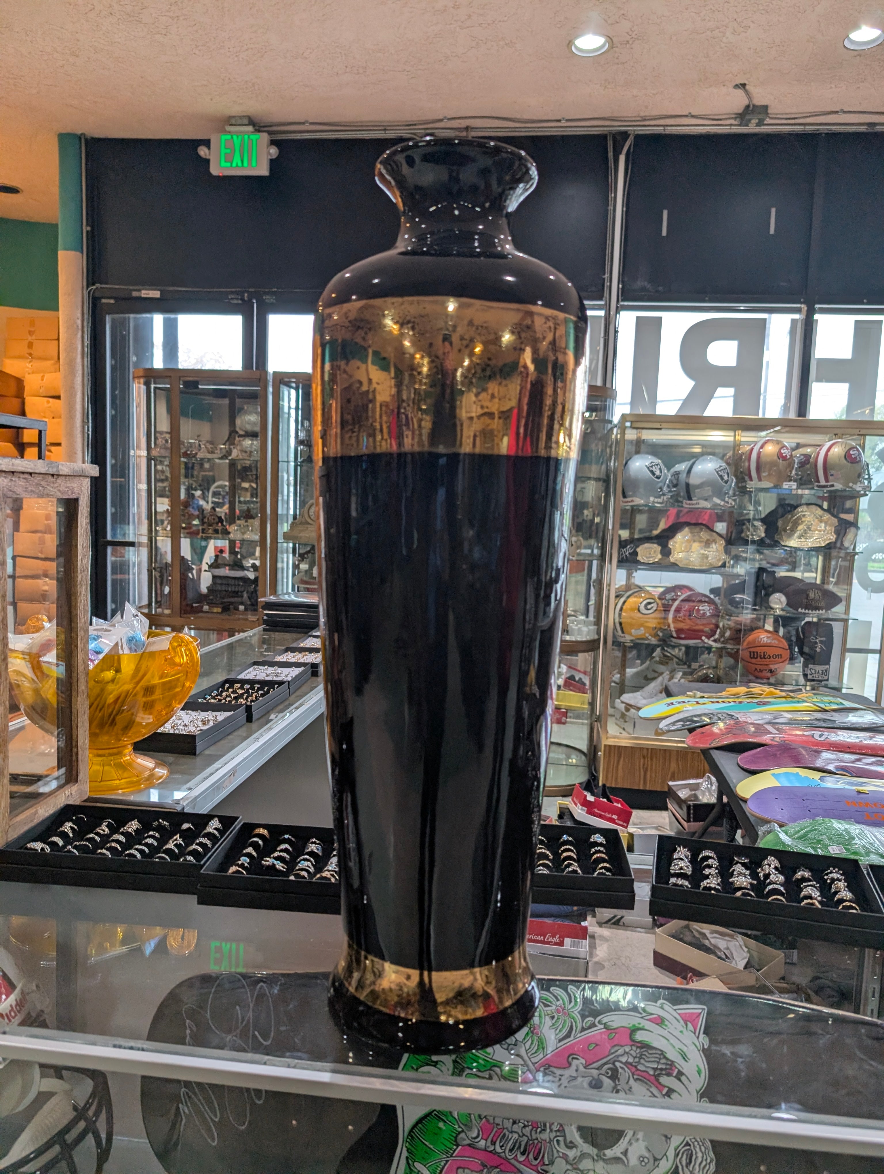 Vintage 26 Inch Black Glass Floor Vase Gold Band Accent Tall Decor Piece
