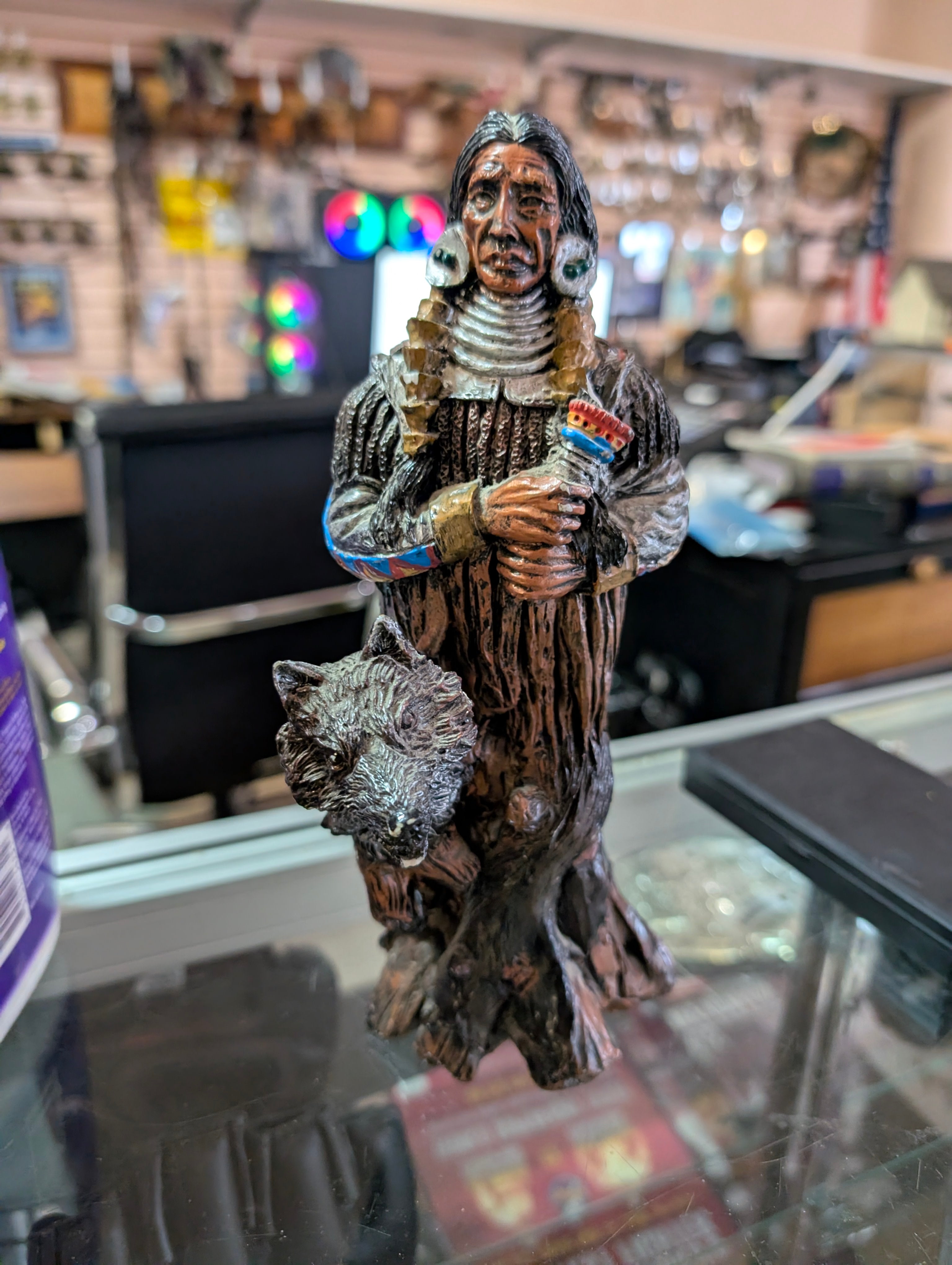 Vintage Native American Warrior Resin Statue Wolf Totem Rustic Decor