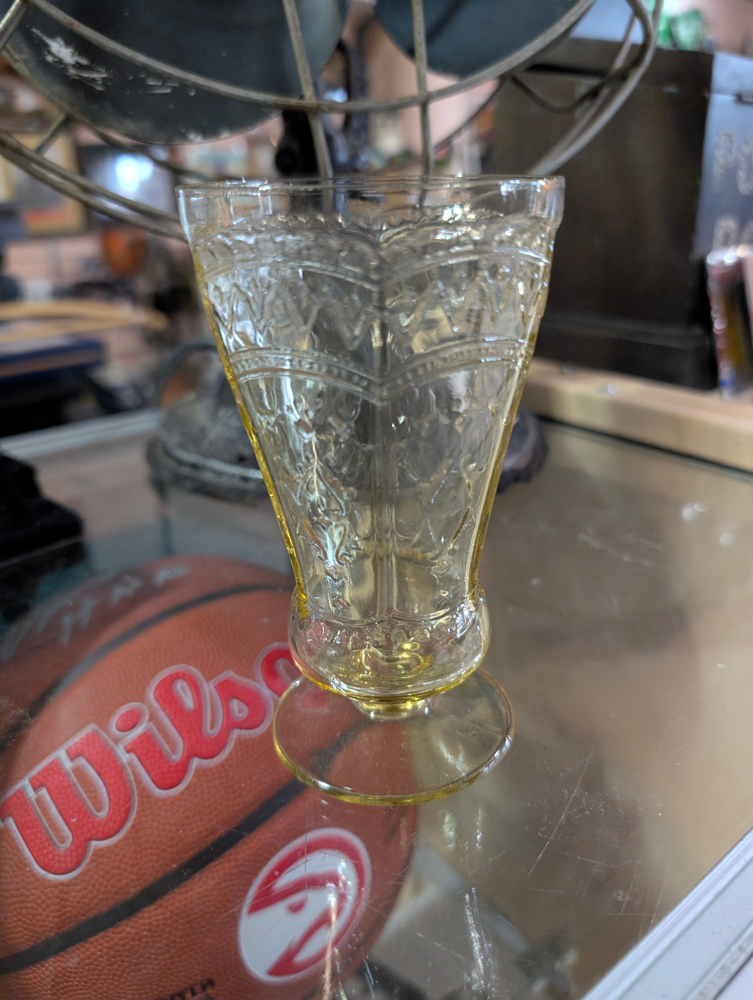 Vintage Amber Depression Glass Footed Tumbler Floral Pattern Goblet