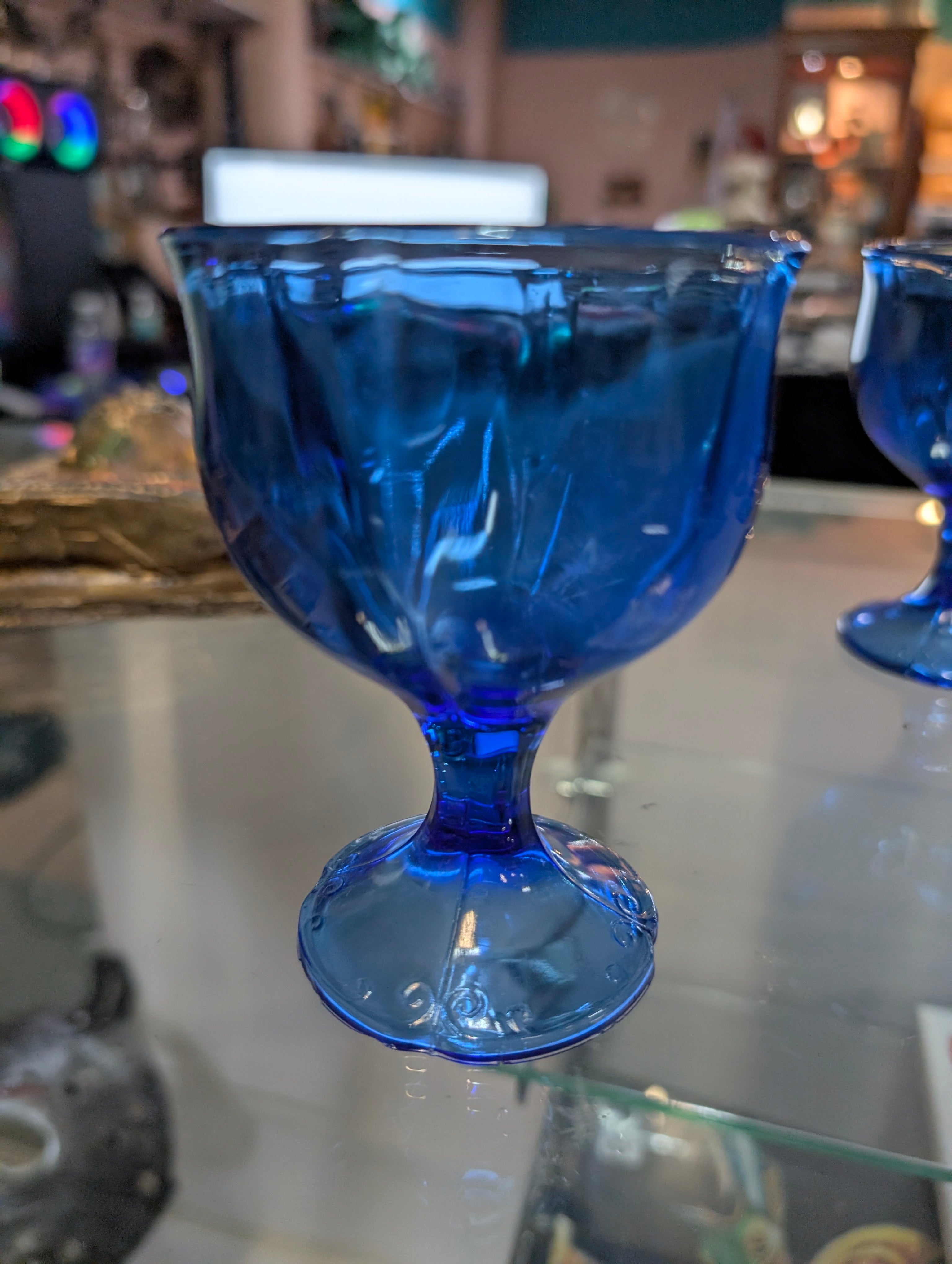 Vintage Cobalt Blue Pressed Glass Goblet Floral Pattern Stemware
