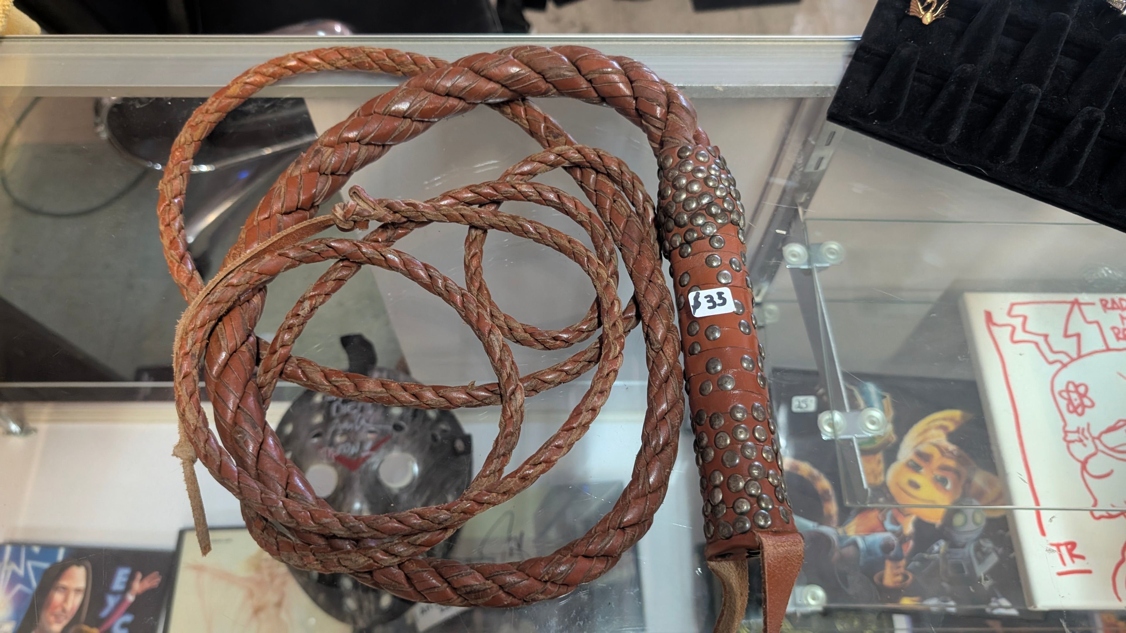 Vintage Braided Leather Bullwhip Studded Handle Western Collectible