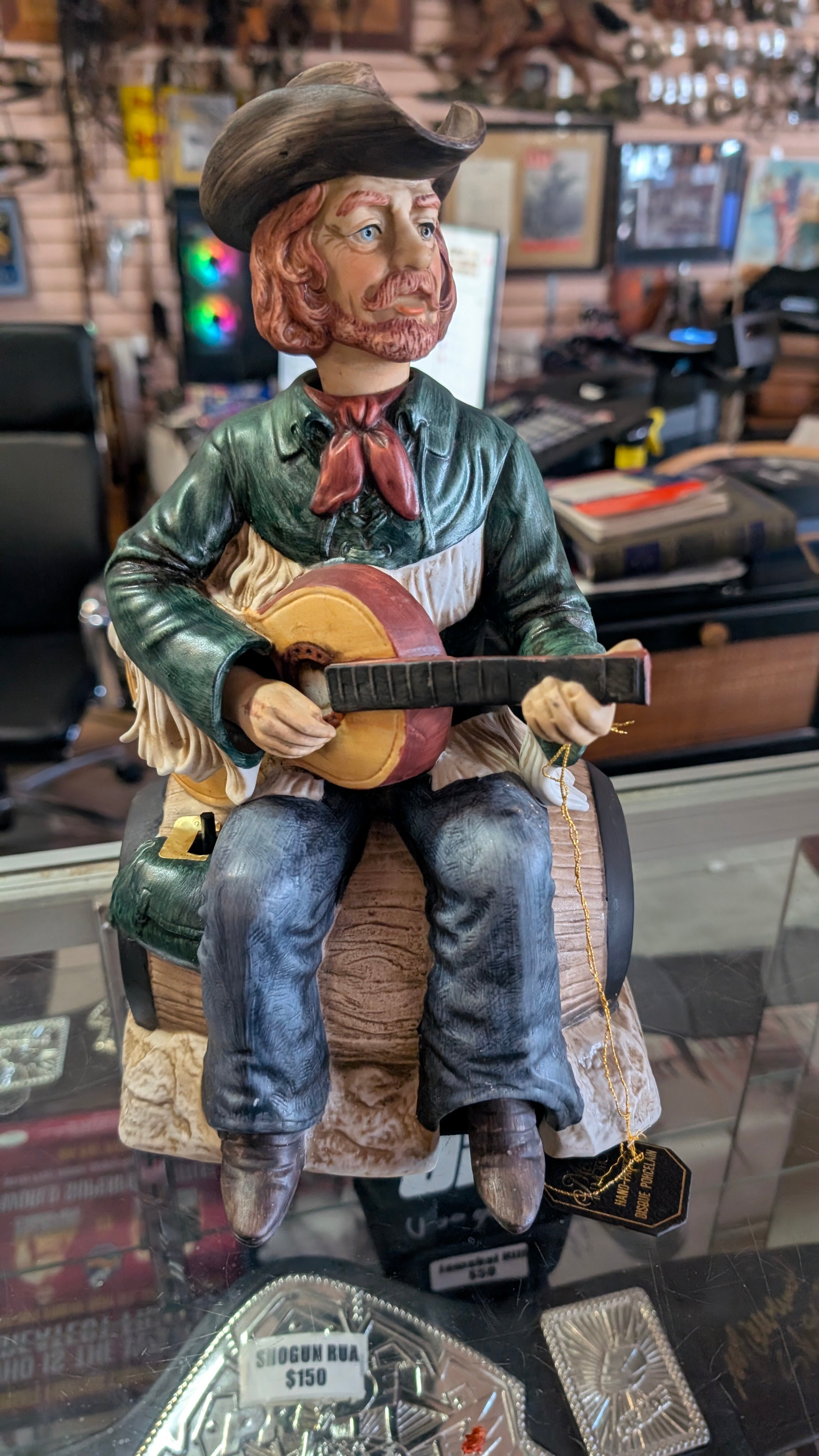 Vintage Cowboy Banjo Player Music Box Figurine Western Decor