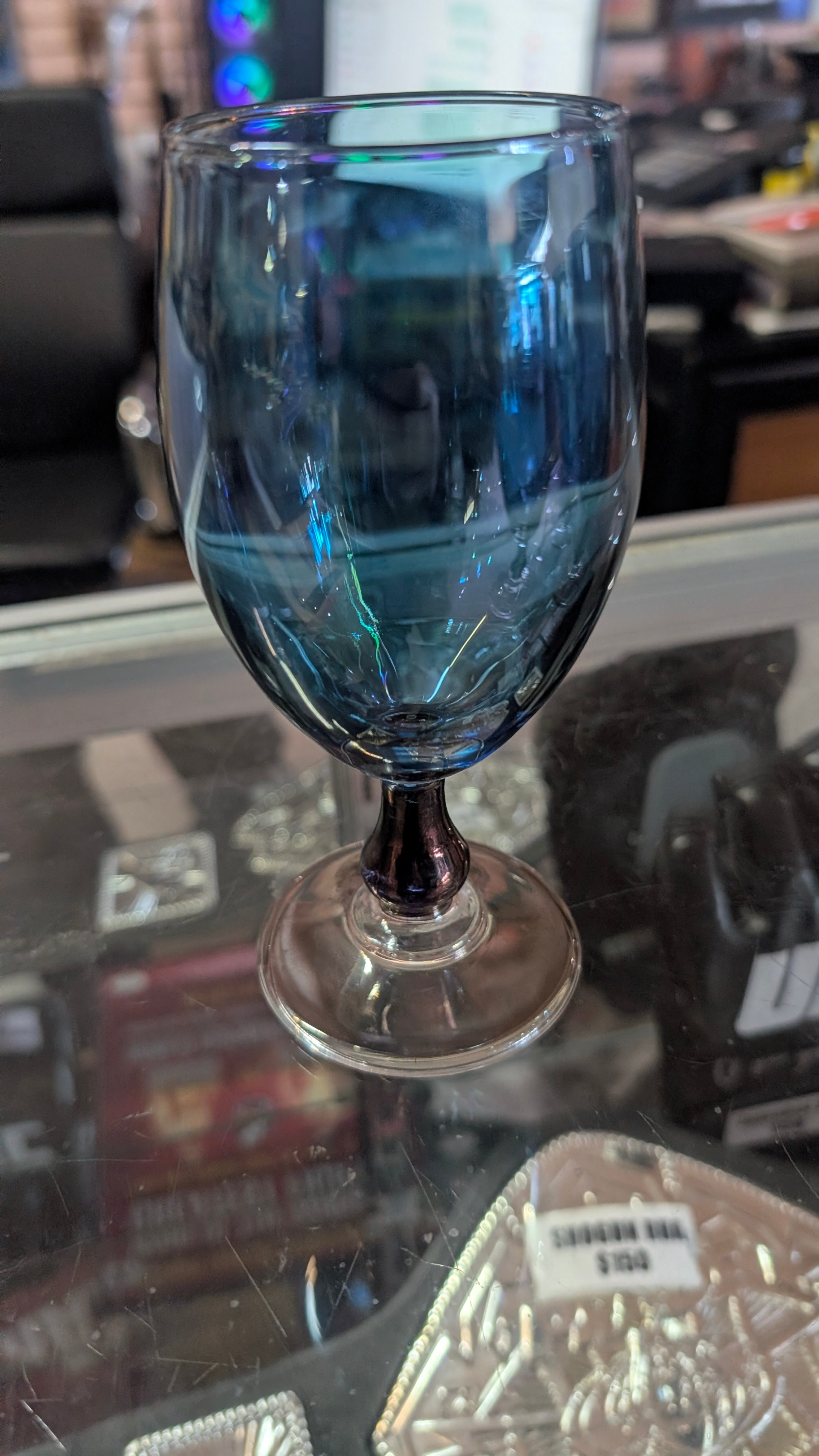 Vintage Blue Glass Goblet Set Iridescent Stemware Wine Glasses