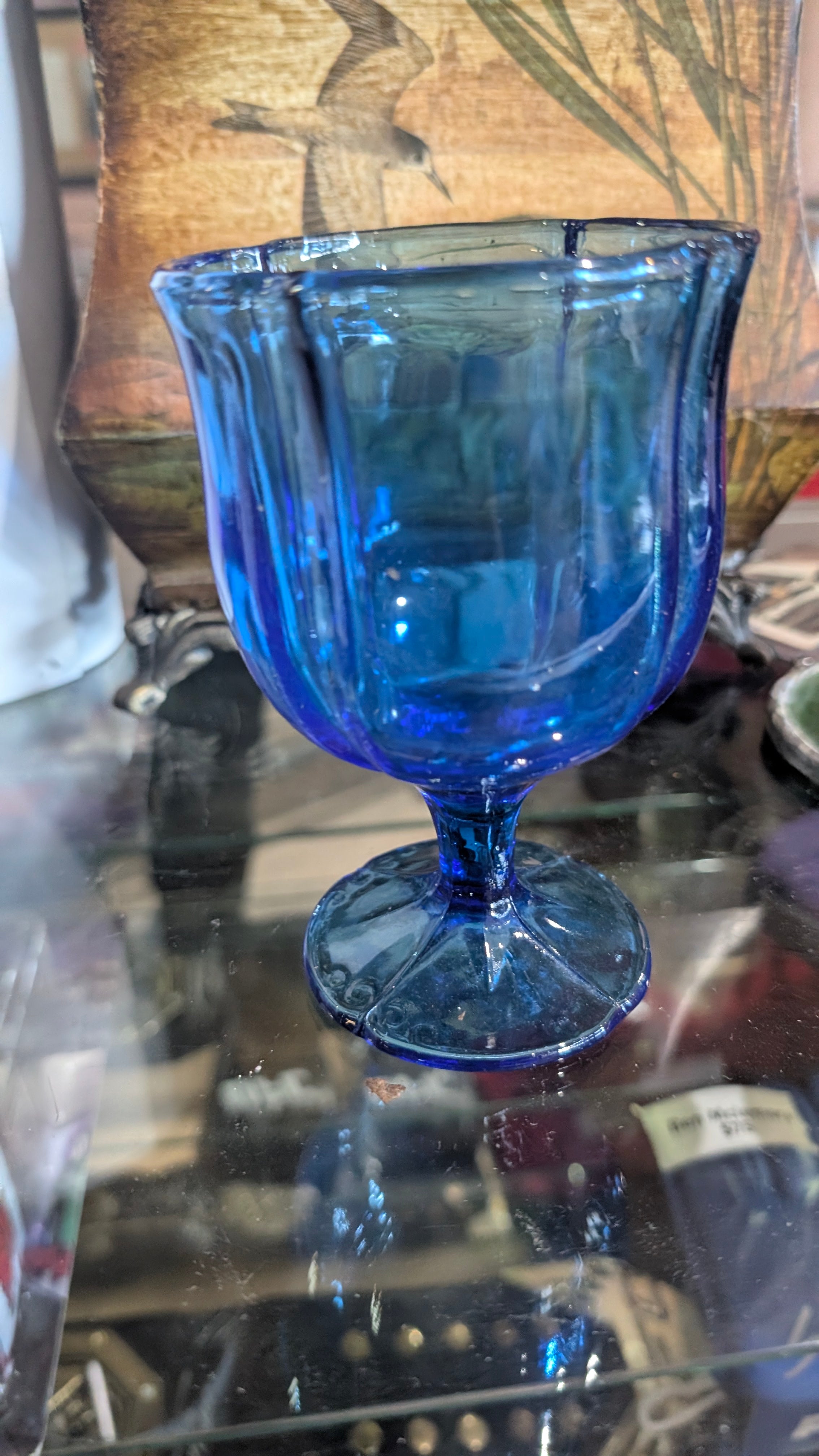 Vintage Cobalt Blue Glass Goblet Paneled Stemware Collectible Barware