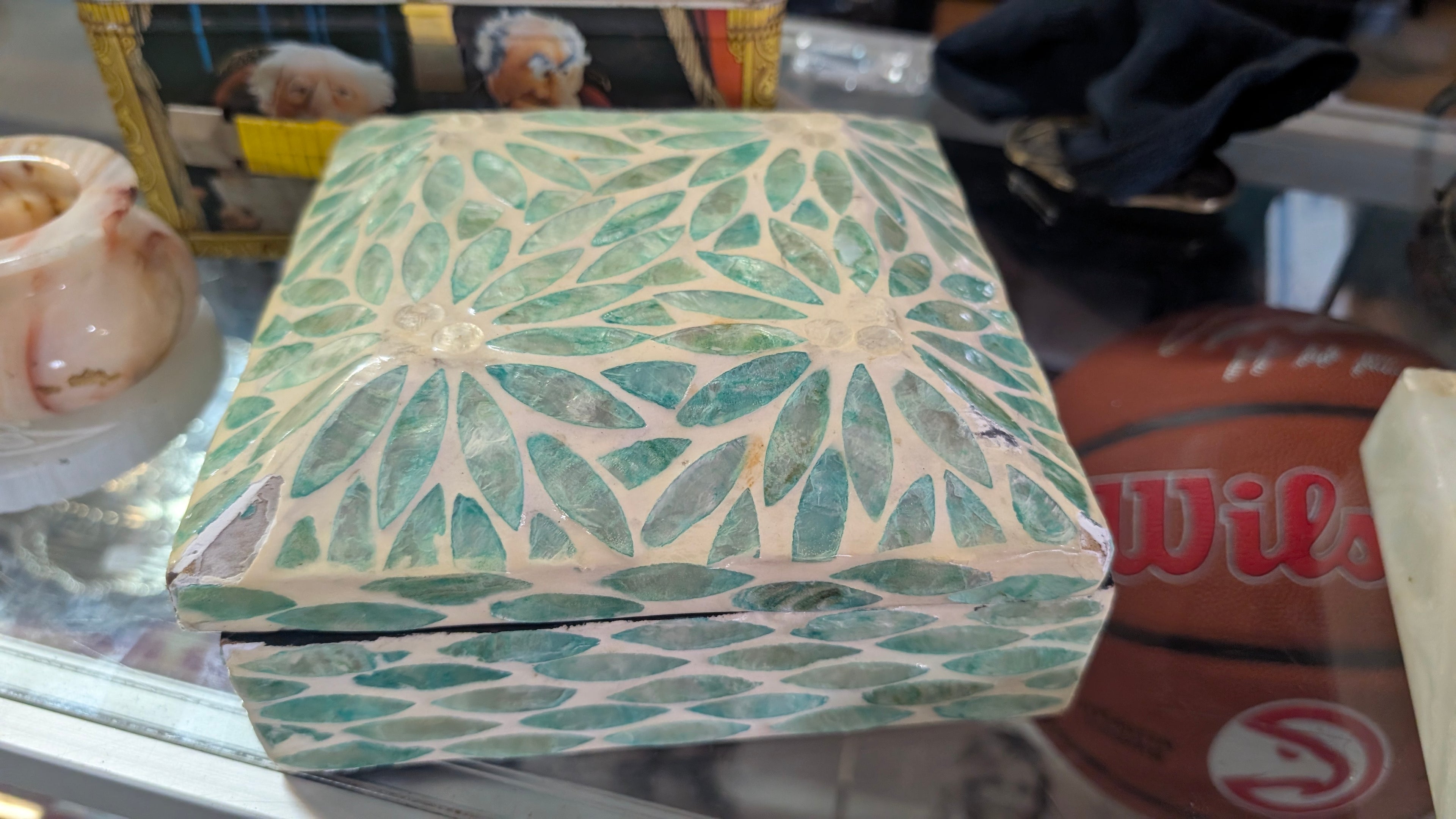 Vintage Green Capiz Shell Mosaic Decorative Hinged Jewelry Box