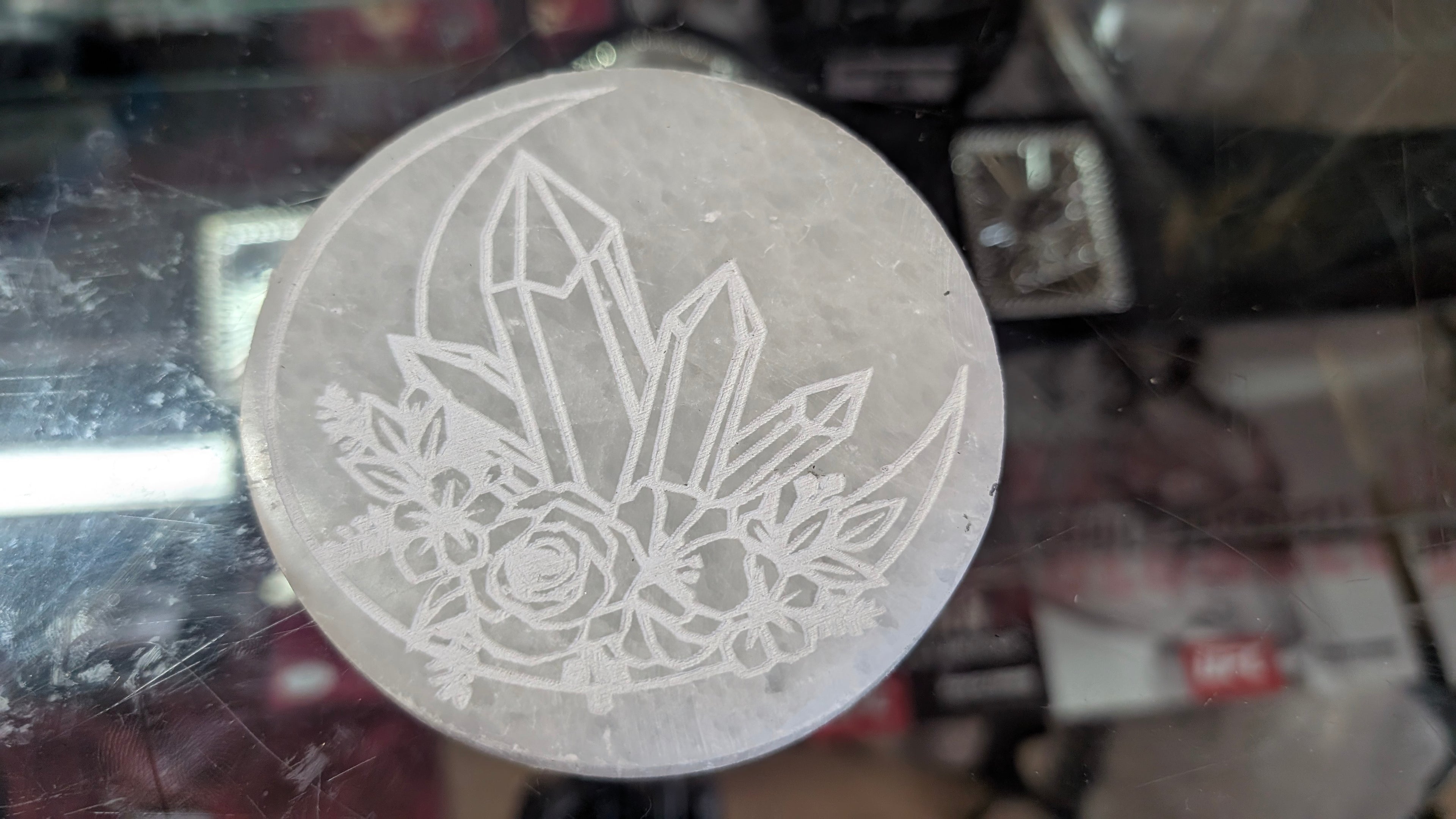 4 Inch Selenite Crystal Engraved Flower Moon Round Display Disc
