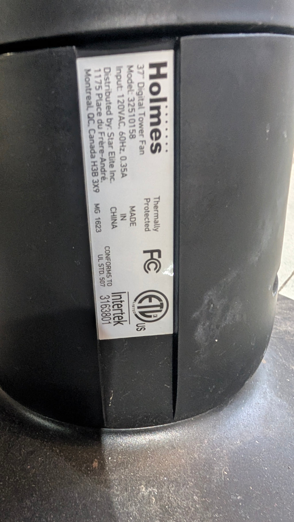 Holmes 37 Inch Digital Tower Fan Model 32510158 Oscillating Black