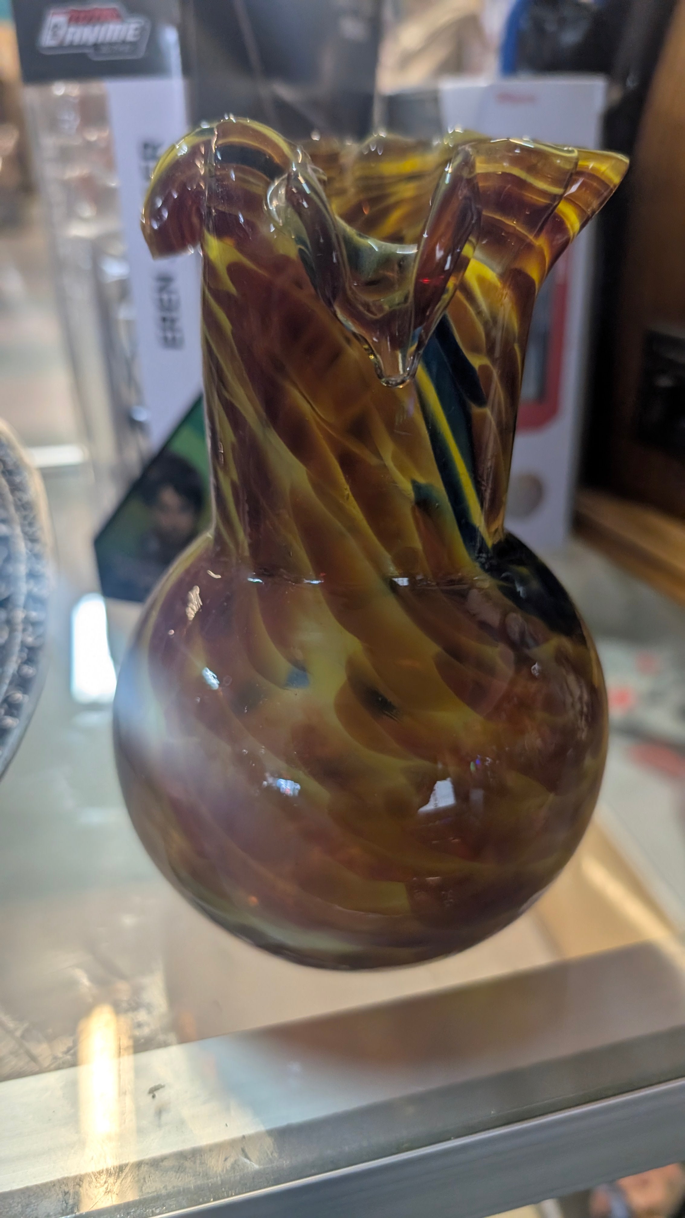 Vintage Amber Swirl Art Glass Pitcher Hand Blown Ruffled Rim Vase