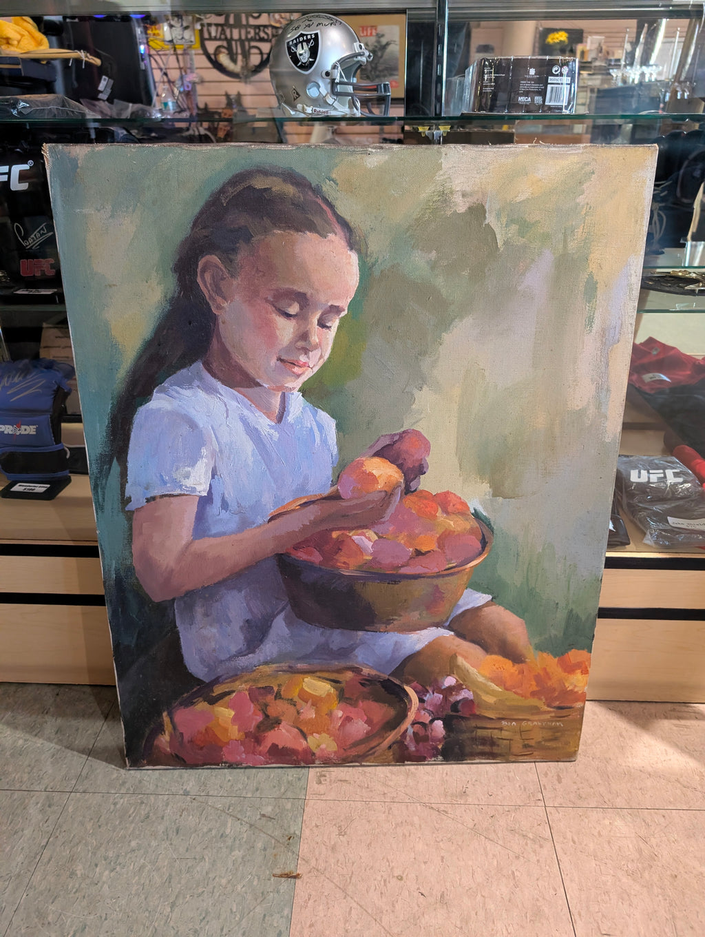 Vintage Original Oil Painting Girl With Fruit Signed Bea Grantham