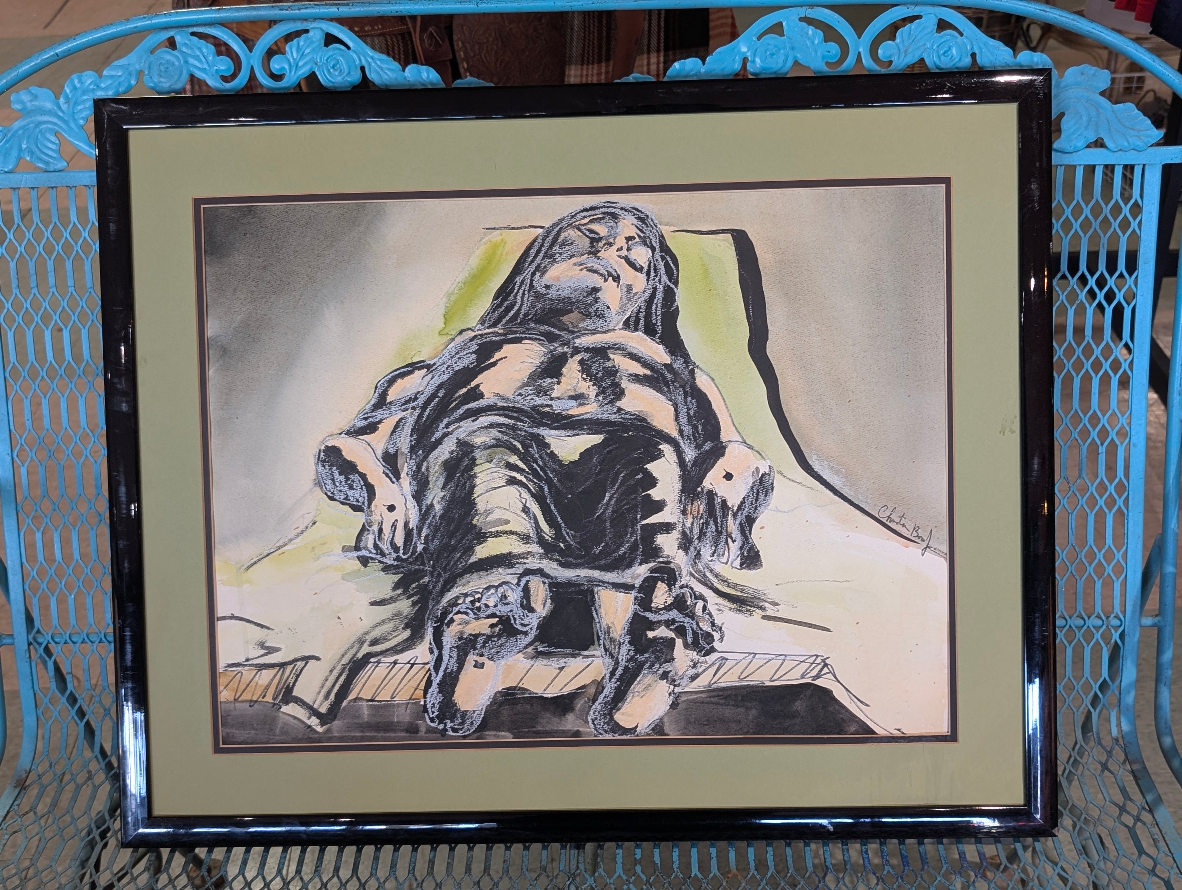 Vintage Christina Boss Signed Jesus Watercolor Ink Painting 23x29 Framed Art